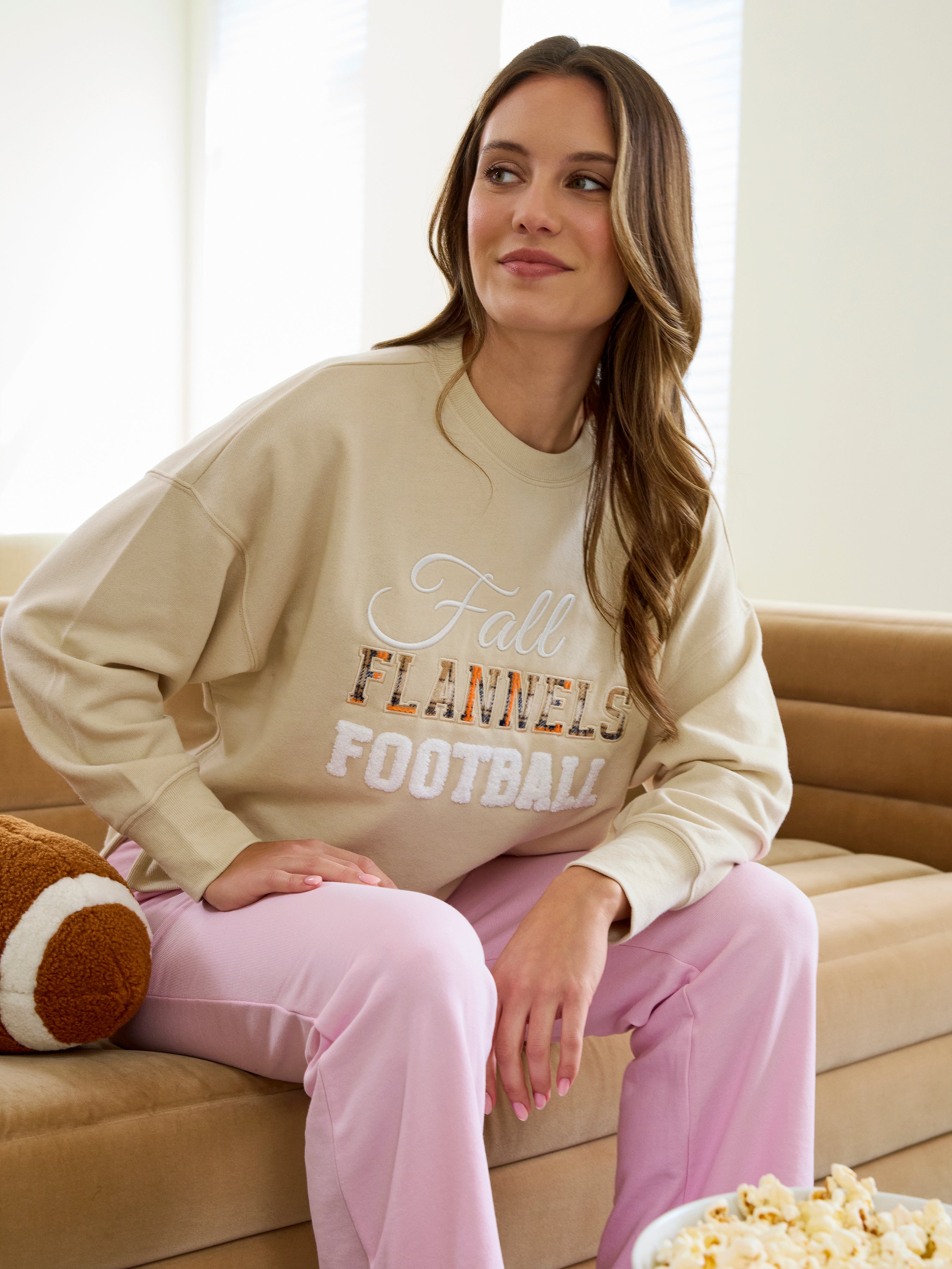 Shiraleah "Fall, Flannels, Football" Relaxed Sweatshirt TAN