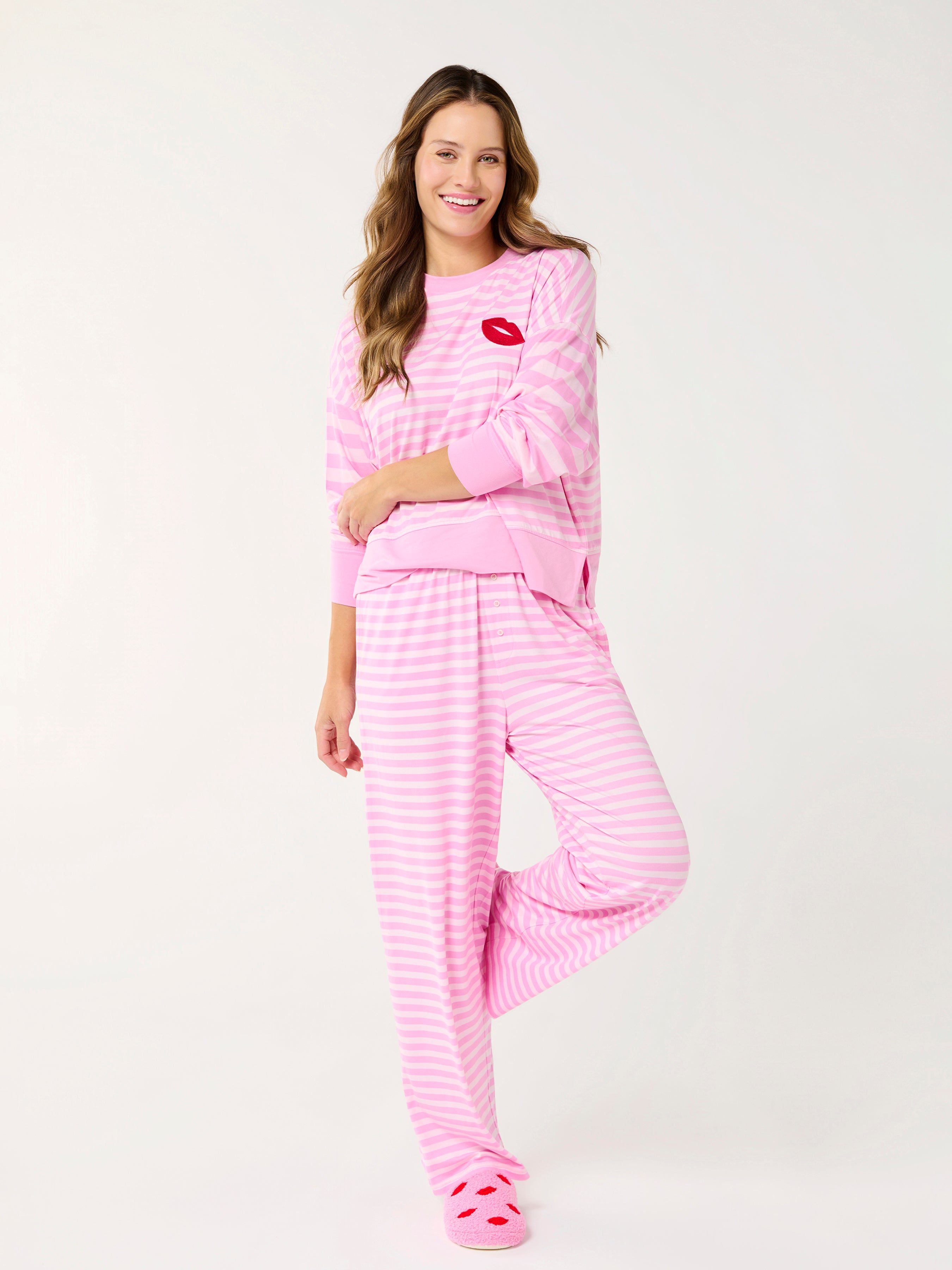 Shiraleah Stripe Ultra-Soft Jersey Knit PJ Set, Pink SMALL