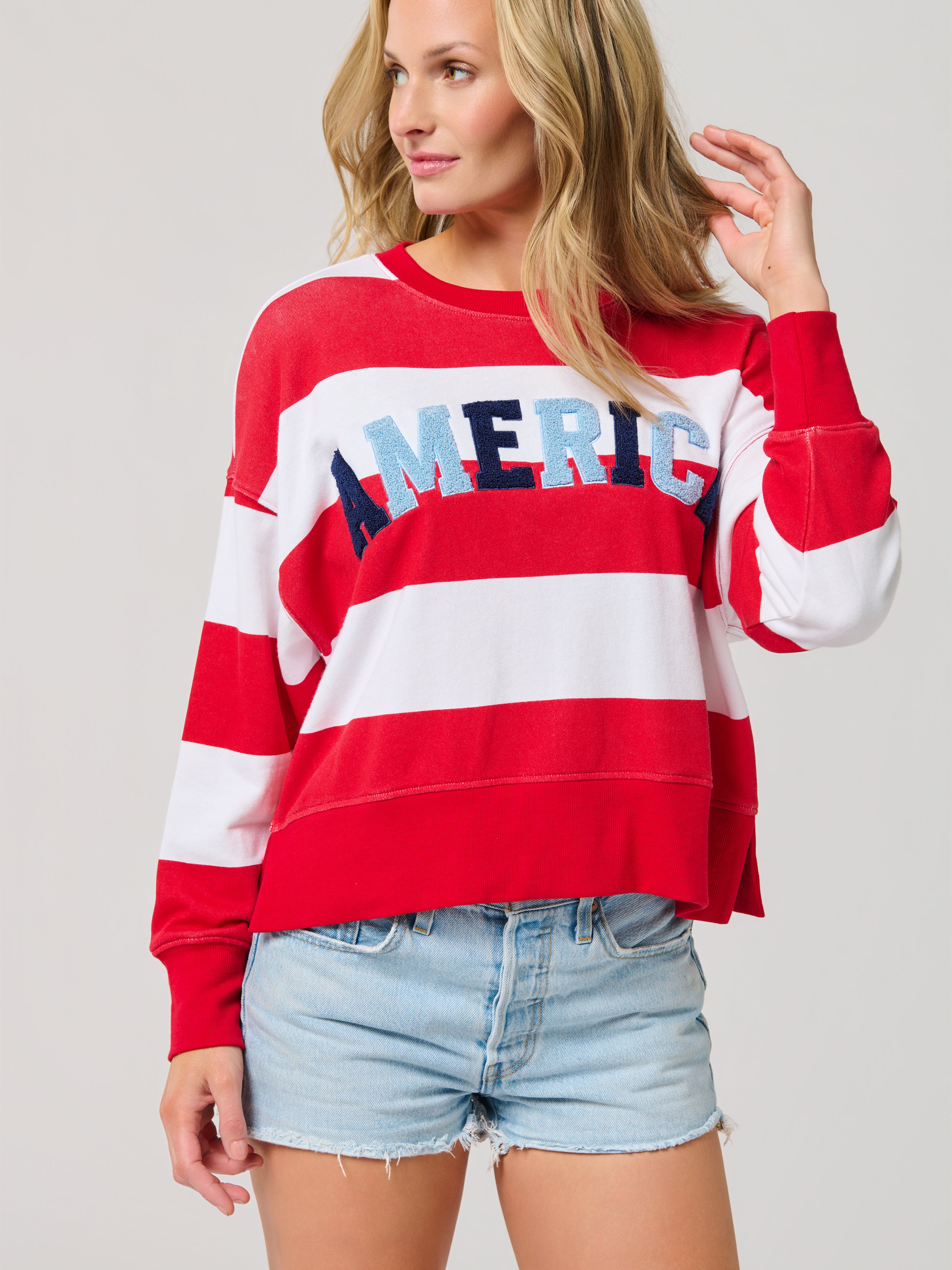 Shiraleah "America" Rugby Stripe Relaxed Sweatshirt, White SMALL