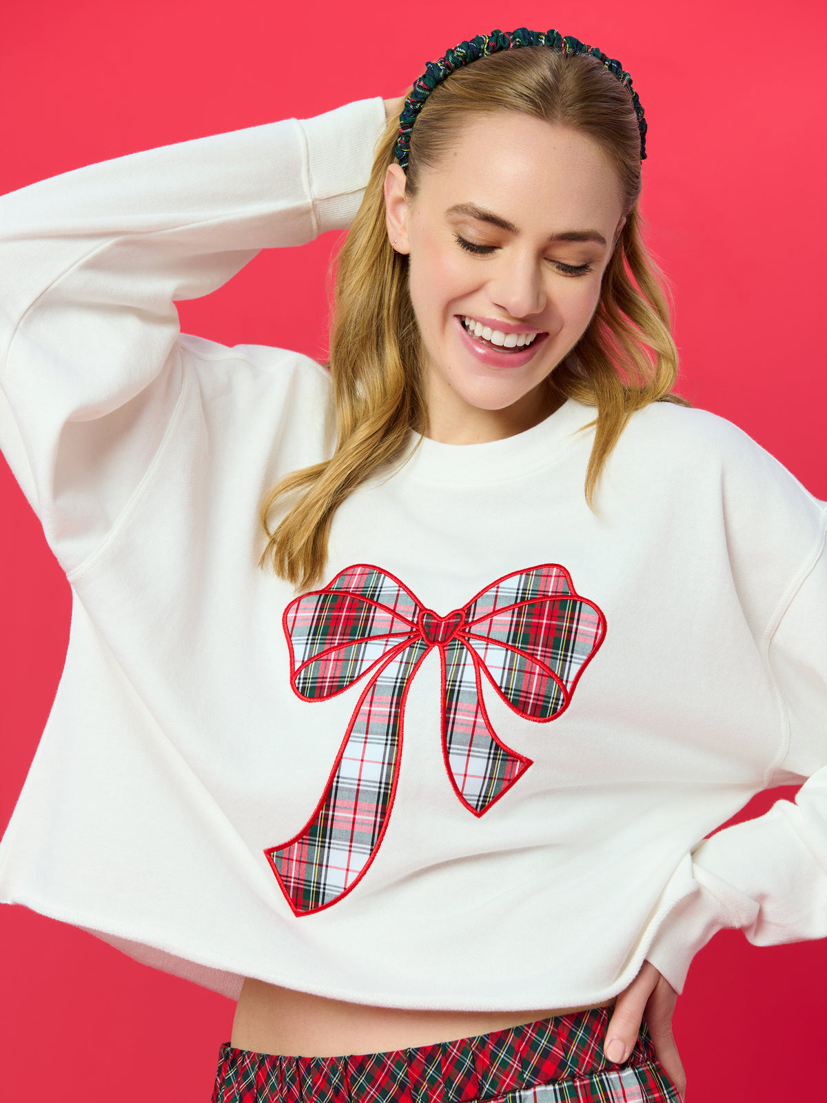 Shiraleah Tartan Bow Lounge Sweatshirt IVORY / EXTRA SMALL