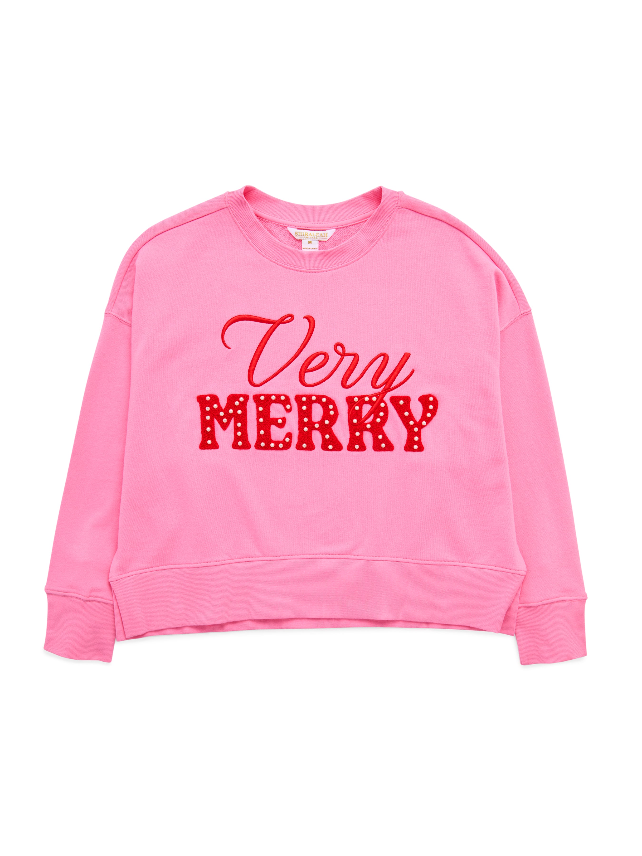 Shiraleah "Very Merry" Pearls Relaxed Sweatshirt PINK / EXTRA SMALL