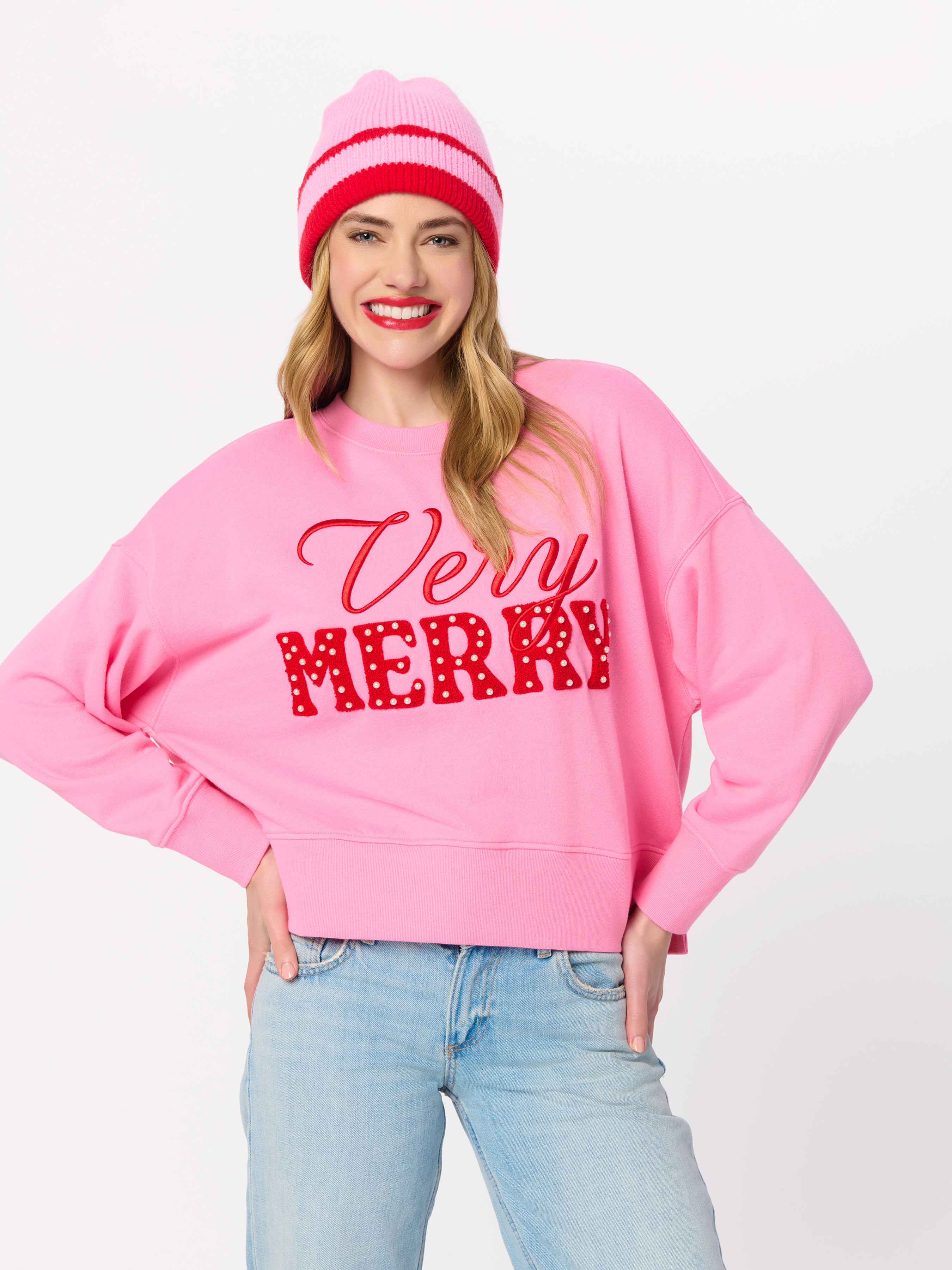 Shiraleah "Very Merry" Pearls Relaxed Sweatshirt PINK / EXTRA SMALL