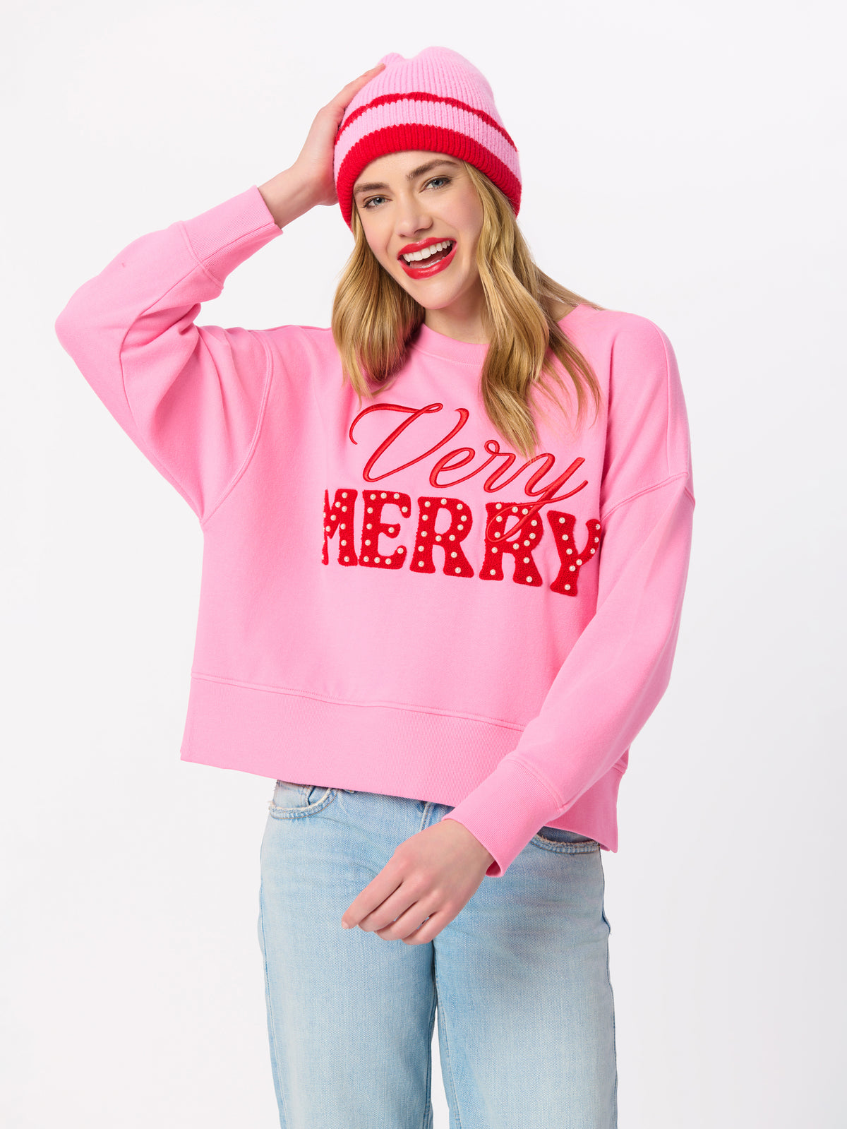 Shiraleah "Very Merry" Pearls Relaxed Sweatshirt PINK / EXTRA SMALL
