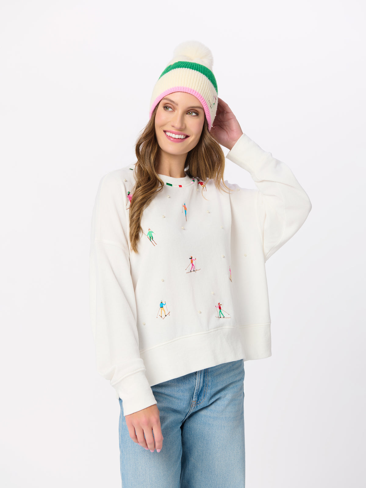 Shiraleah Skiers With Pearls Relaxed Sweatshirt IVORY / EXTRA SMALL