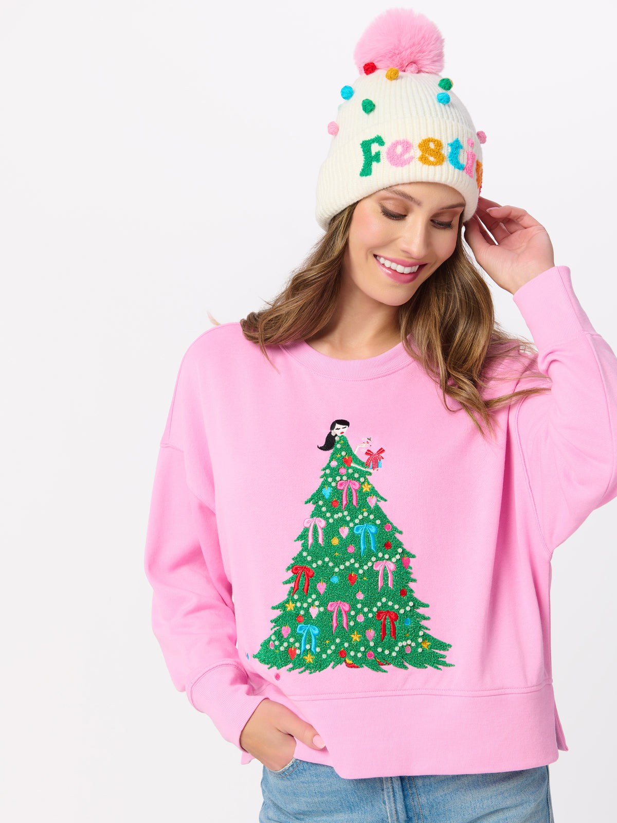 Shiraleah Christmas Tree Lady Relaxed Sweatshirt PINK / EXTRA SMALL