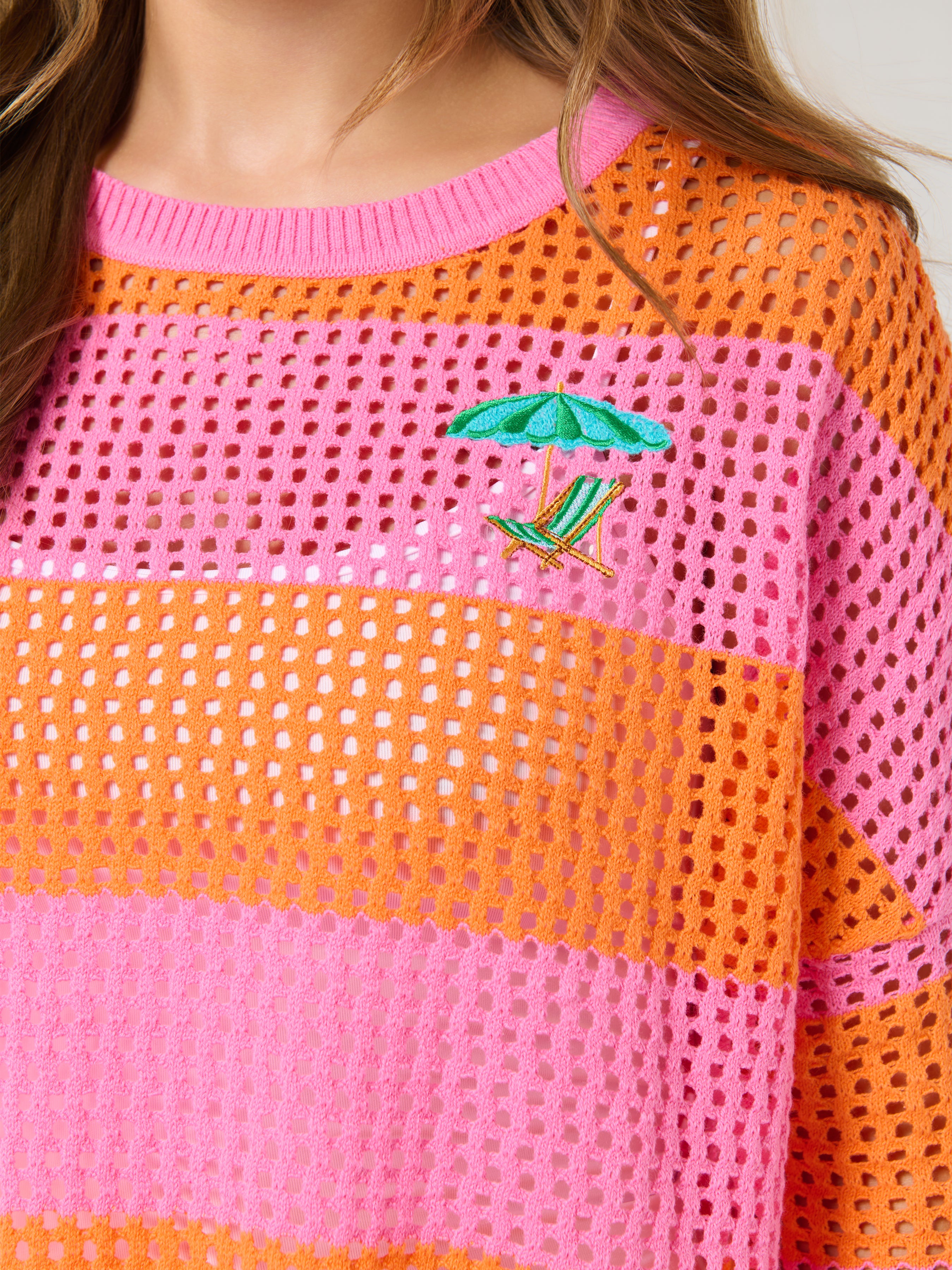 Shiraleah Umbrella Striped Mesh Sweater, Pink SMALL