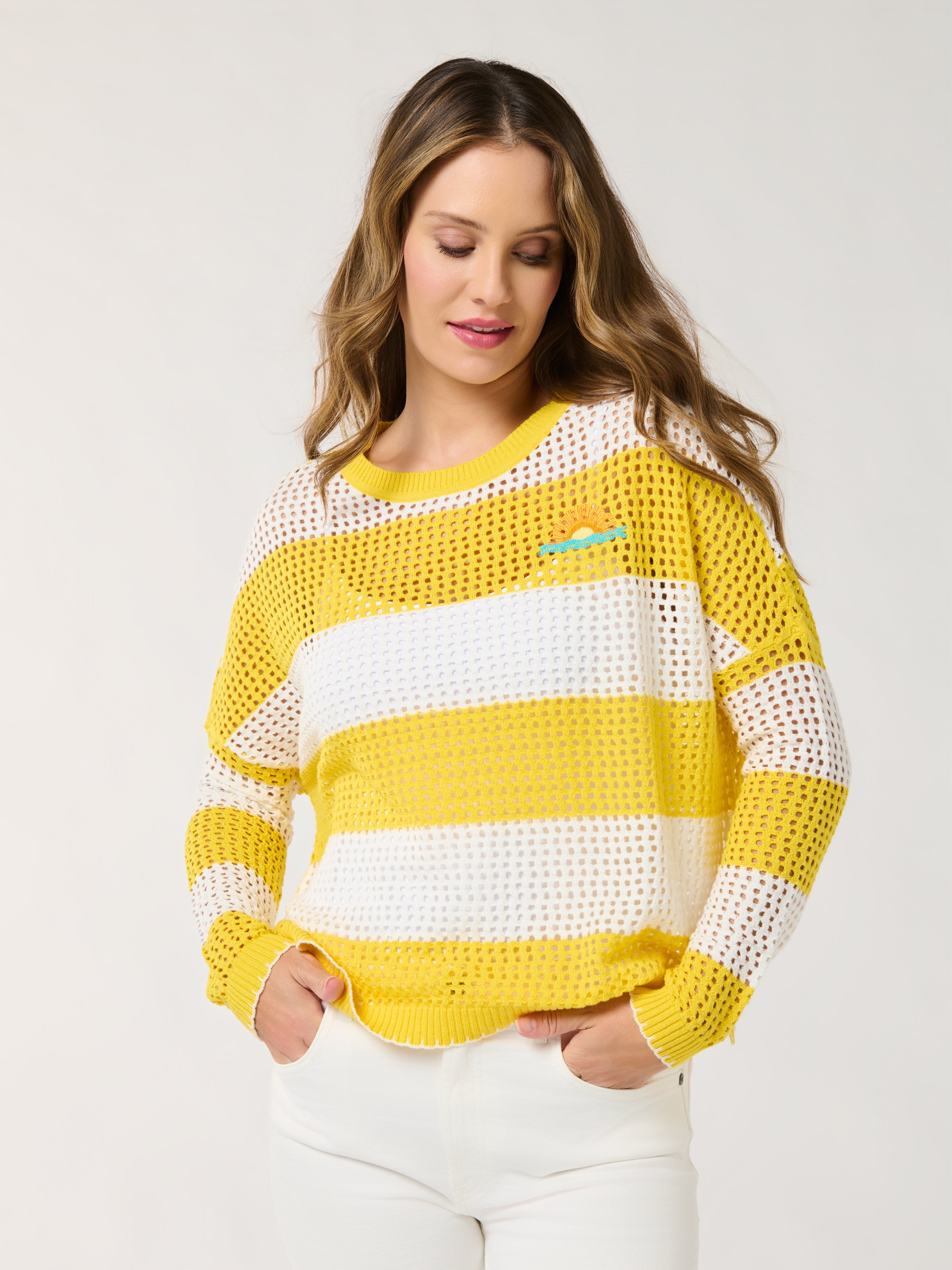 Shiraleah Sunrise Striped Mesh Sweater, Yellow SMALL