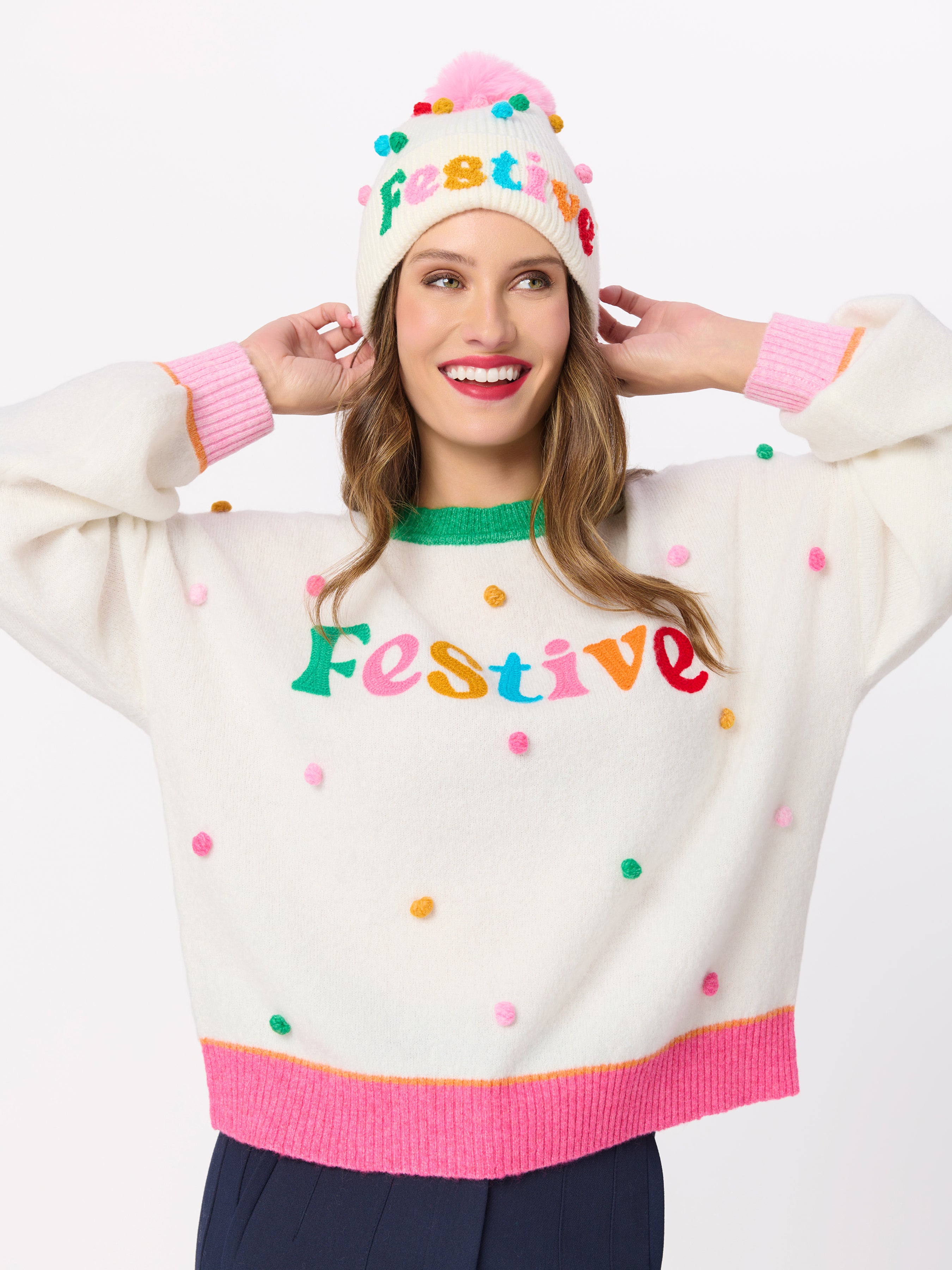 Shiraleah "Festive" Pom Pom Relaxed Sweater IVORY / EXTRA SMALL