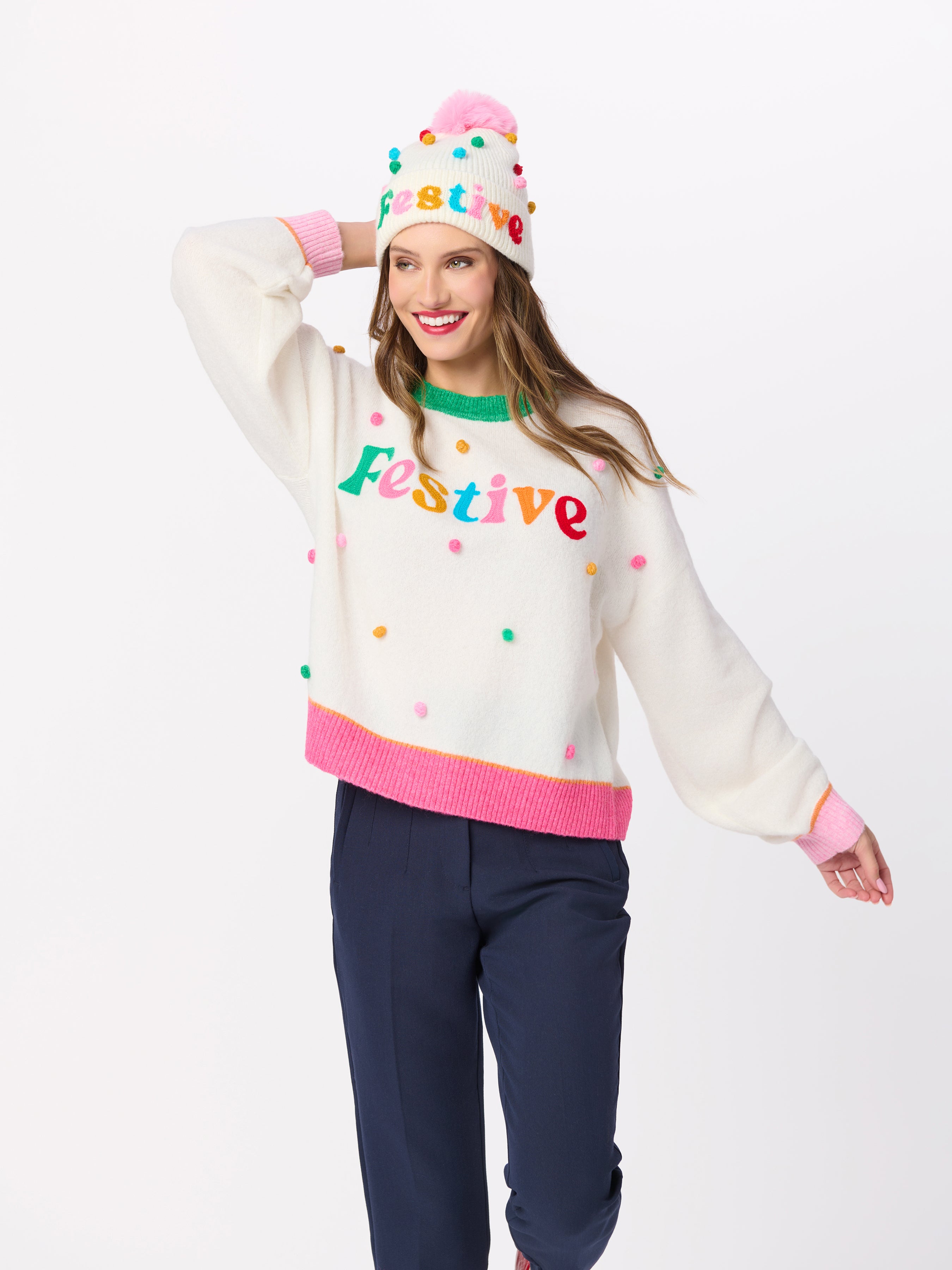 Shiraleah "Festive" Pom Pom Relaxed Sweater IVORY / EXTRA SMALL