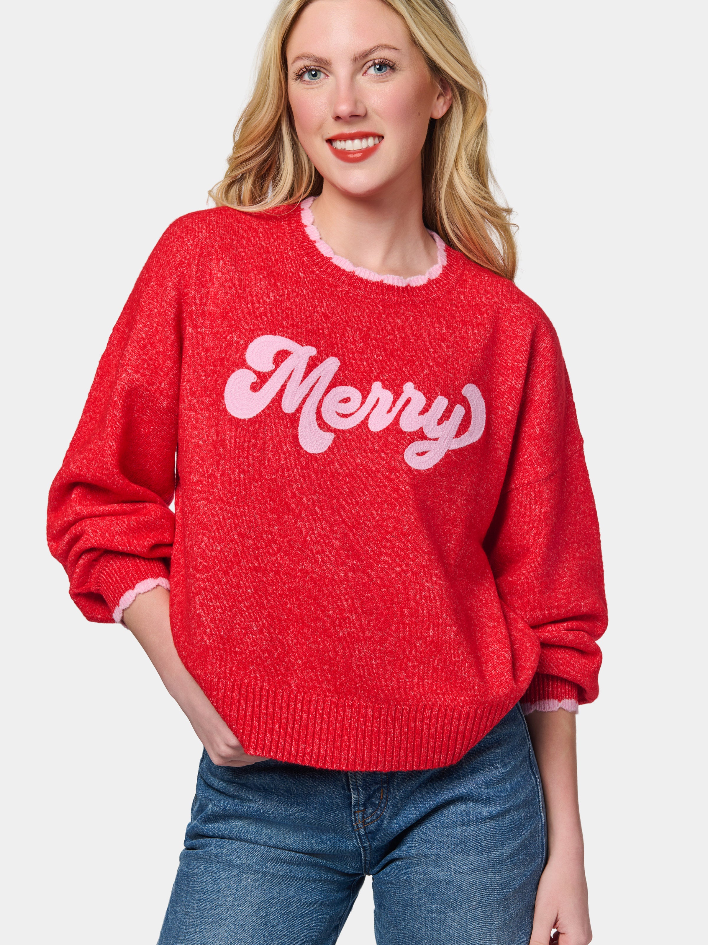 Shiraleah "Merry" Scallop Trim Relaxed Sweater, Red