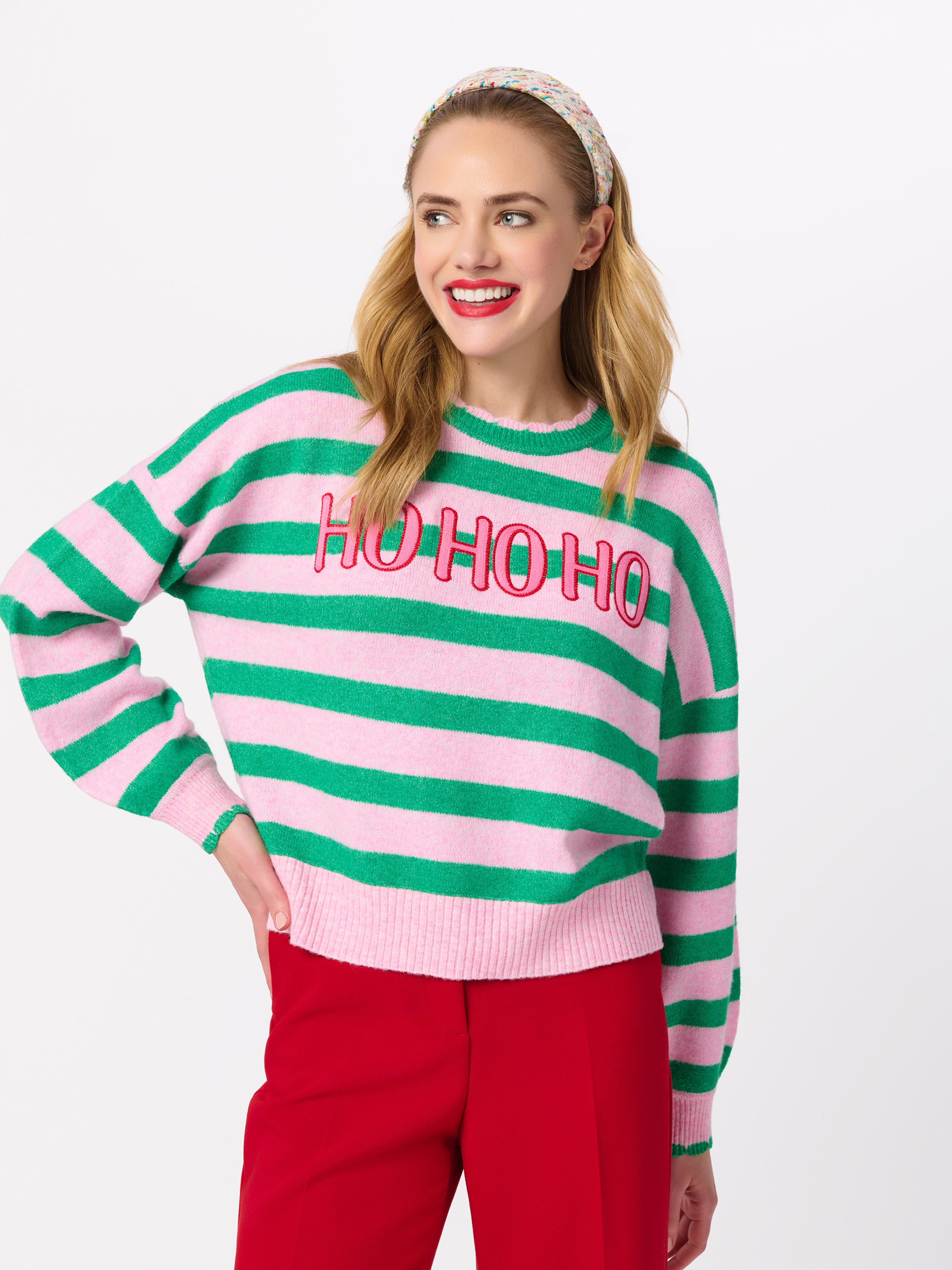 Shiraleah "Ho Ho Ho" Scallop Trim Relaxed Sweater GREEN / EXTRA SMALL