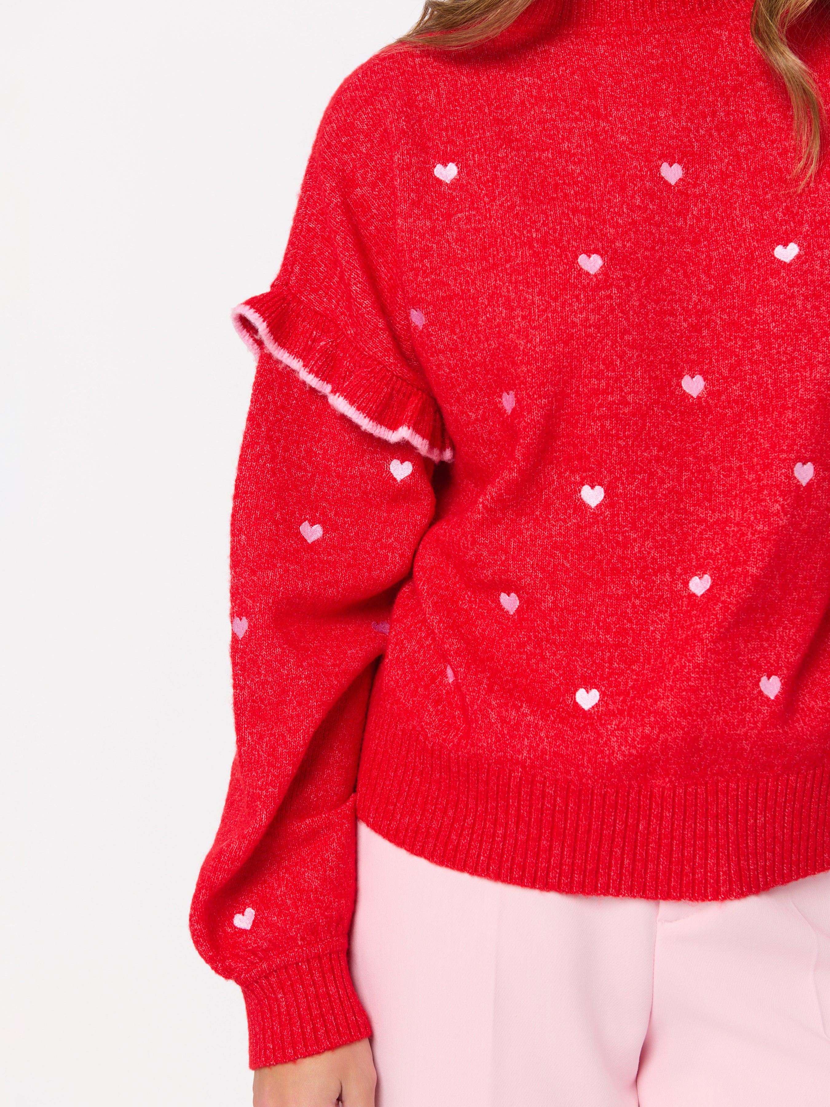 Shiraleah Hearts Ruffle Sleeve Relaxed Sweater RED / EXTRA SMALL