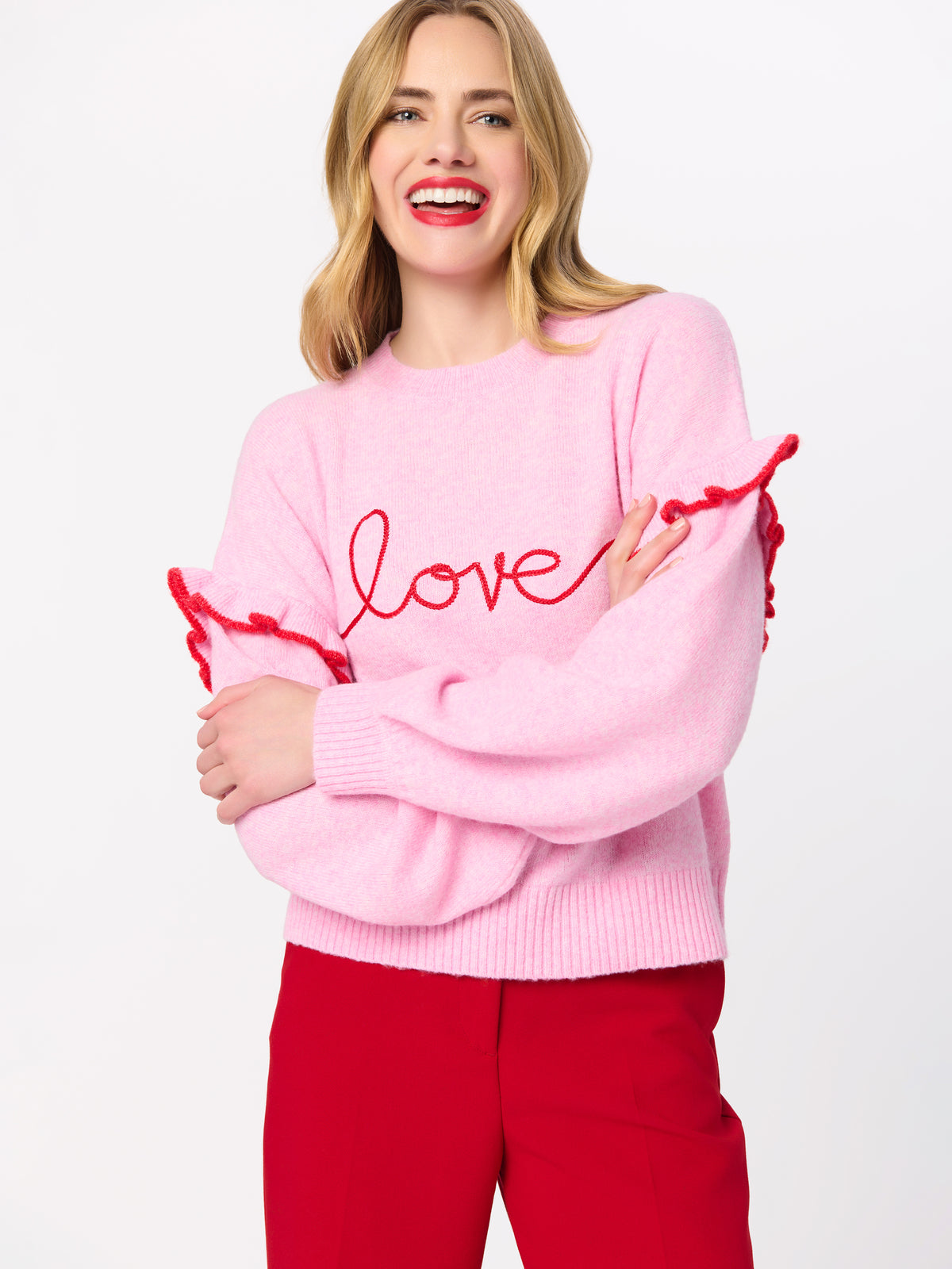 Shiraleah "Love" Ruffle Sleeve Relaxed Sweater BLUSH / EXTRA SMALL