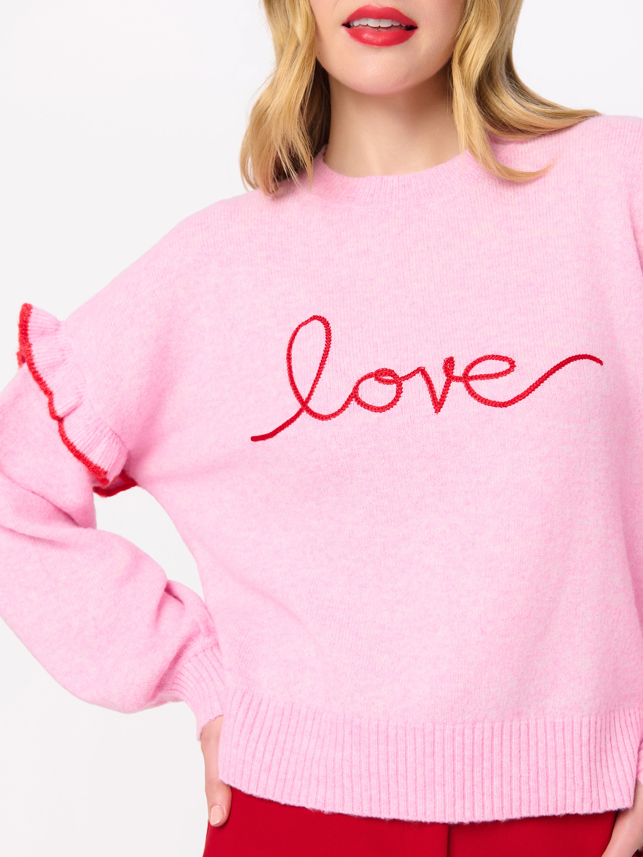 Shiraleah "Love" Ruffle Sleeve Relaxed Sweater BLUSH / EXTRA SMALL