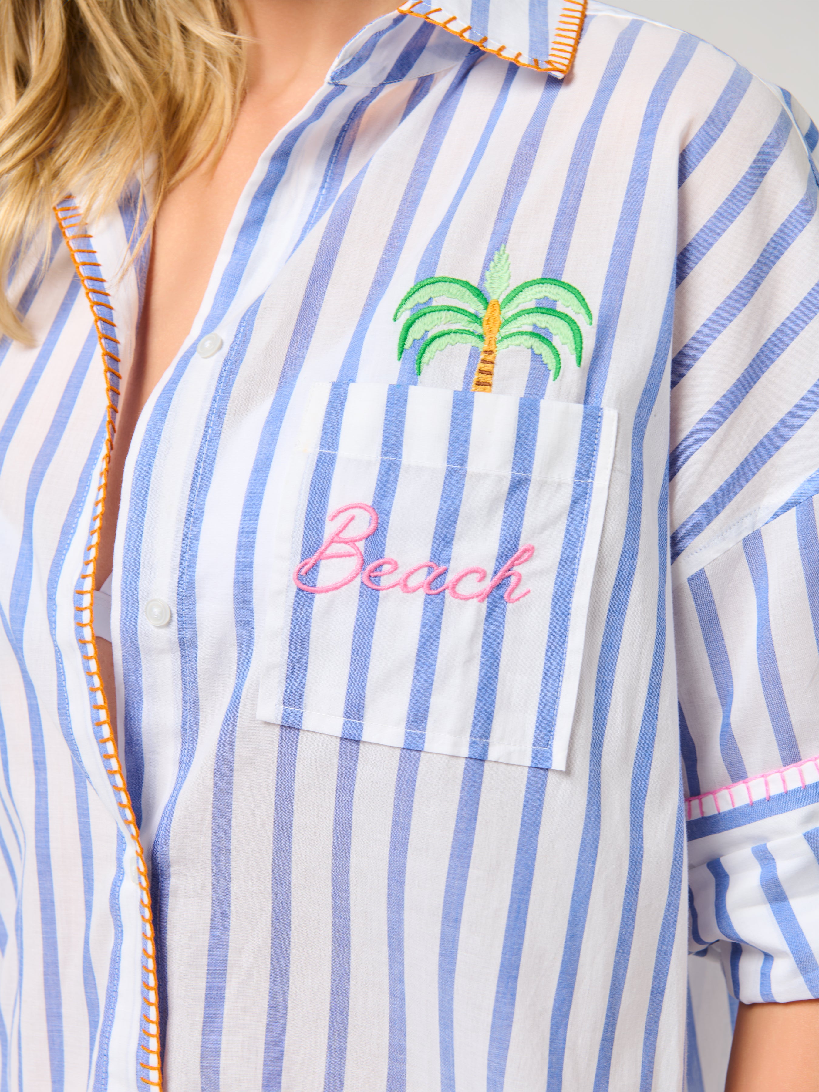 Shiraleah "Beach/Ocean Air, Salty Hair, Don't Care" Cover-Up Shirt, Blue SMALL