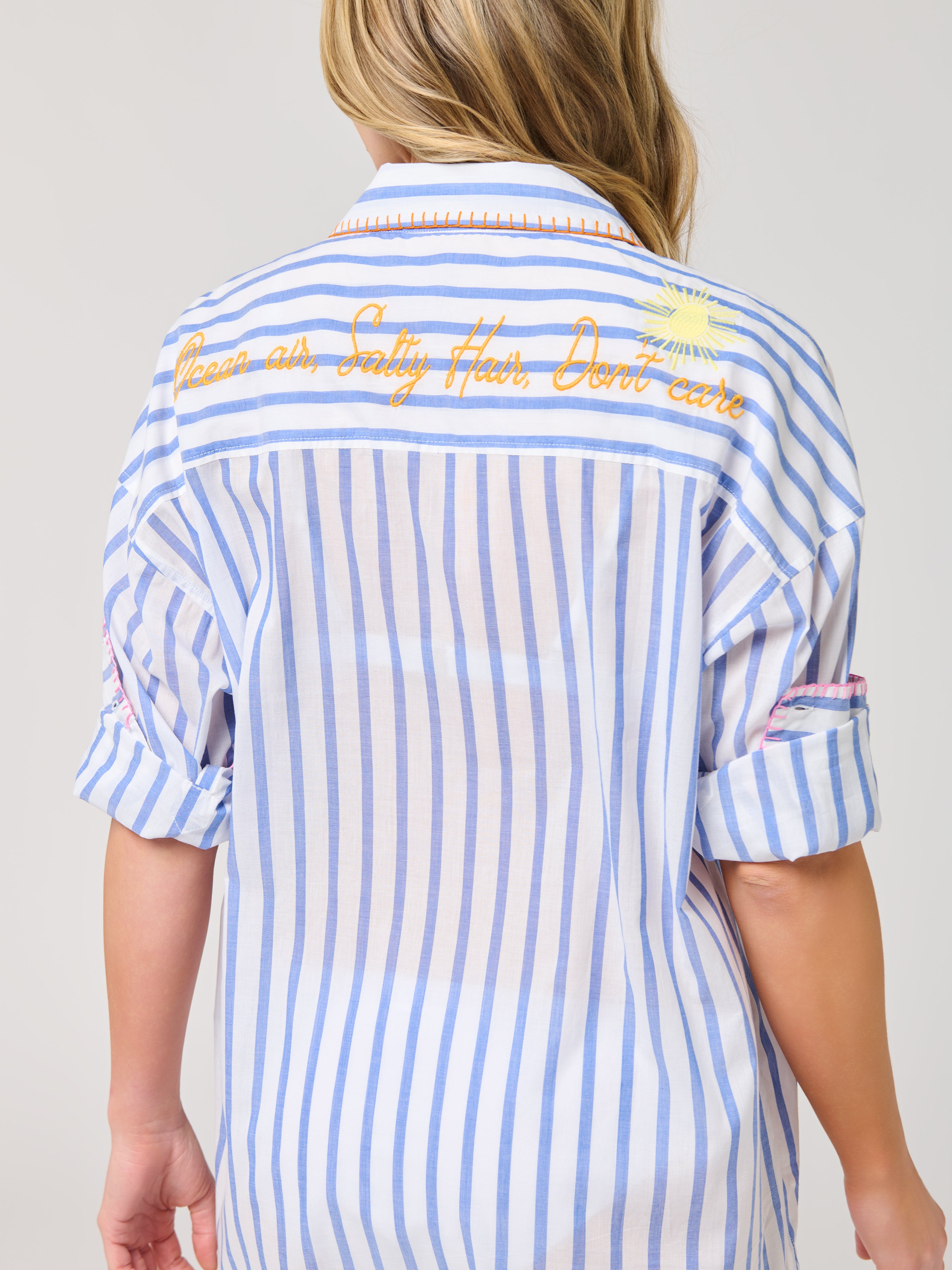 Shiraleah "Beach/Ocean Air, Salty Hair, Don't Care" Cover-Up Shirt, Blue SMALL