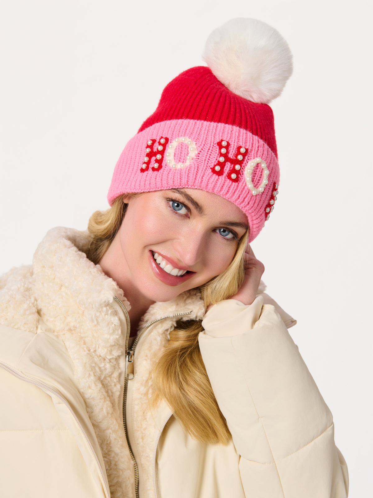 Shiraleah "Ho Ho Ho" Beanie With Pearls, Pink