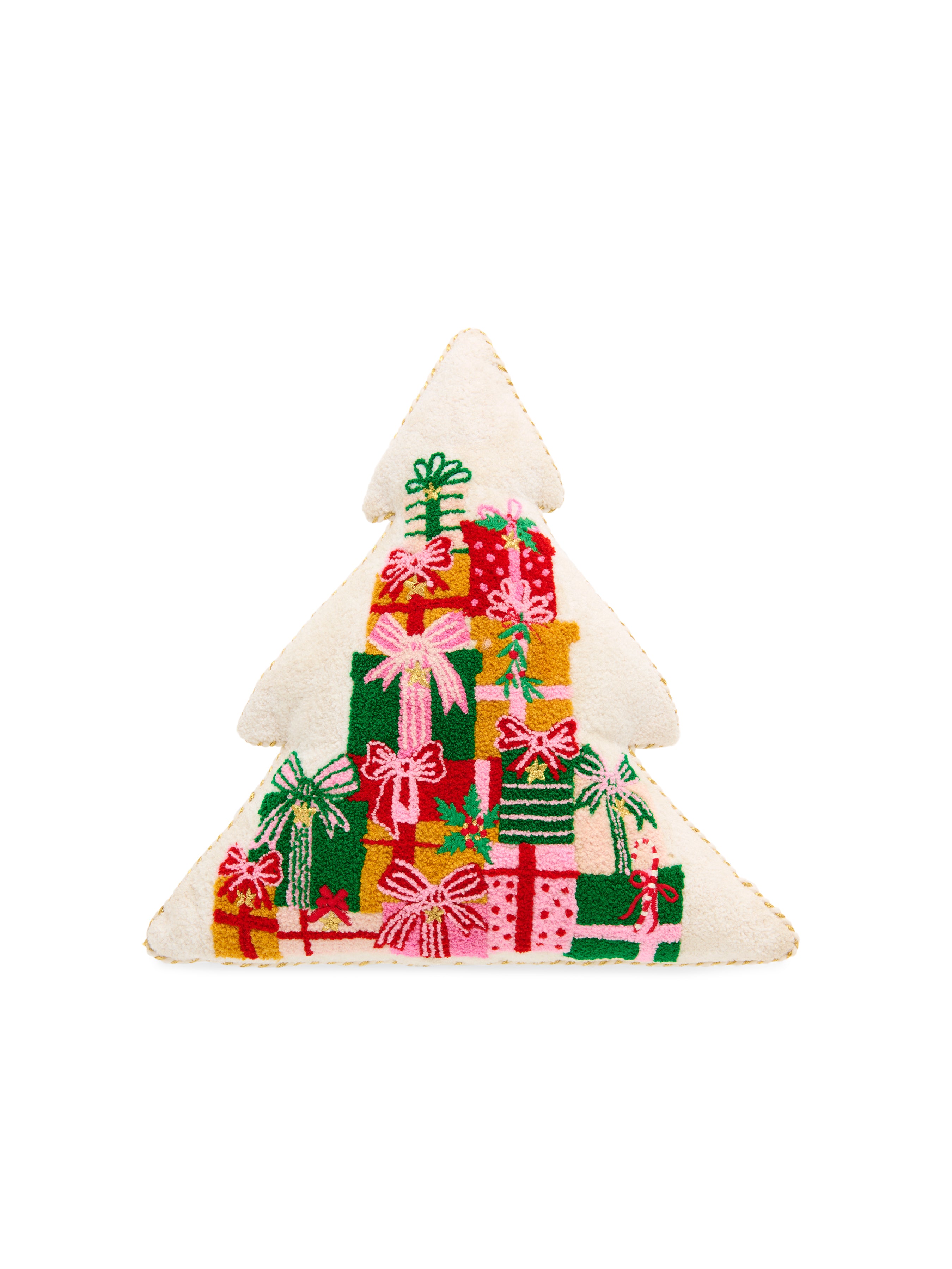 Shiraleah Merry Gifts Tree Shaped Pillow, Ivory