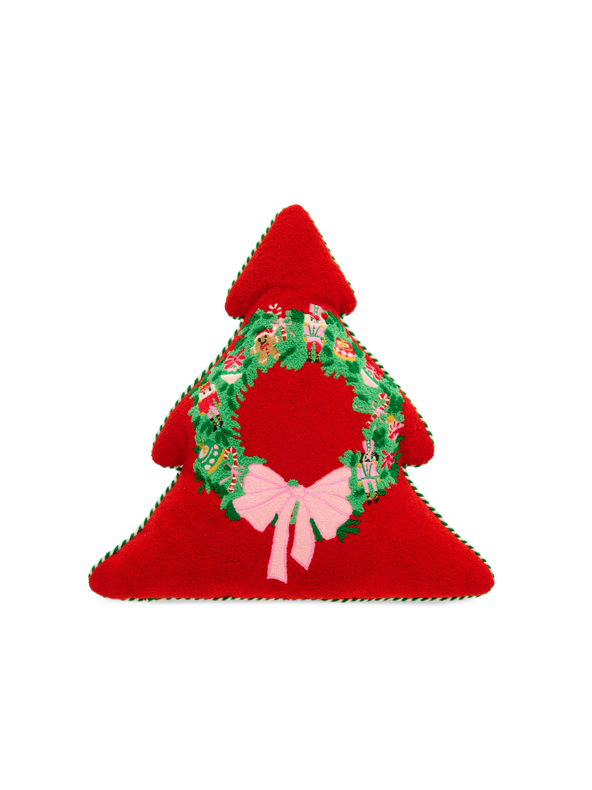 Shiraleah Merry Wreath Tree Shaped Pillow, Red