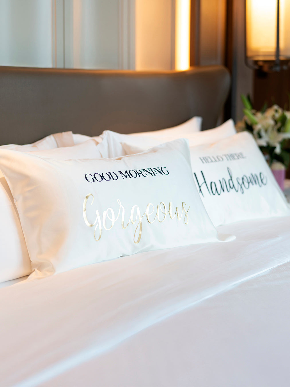 Shiraleah Set Of 2 "Good Morning Gorgeous / Hello There Handsome" Standard Pillow Cases,Ivory - FINAL SALE ONLY