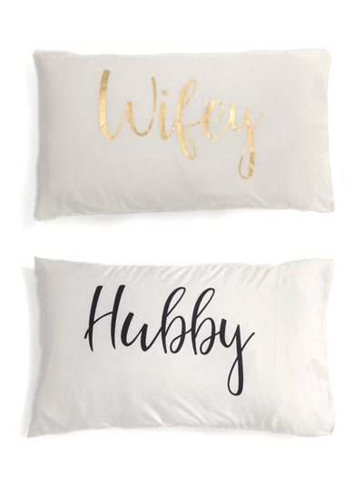 Shiraleah Set of 2 "Hubby/Wifey" Standard Pillow Cases, Ivory - FINAL SALE ONLY