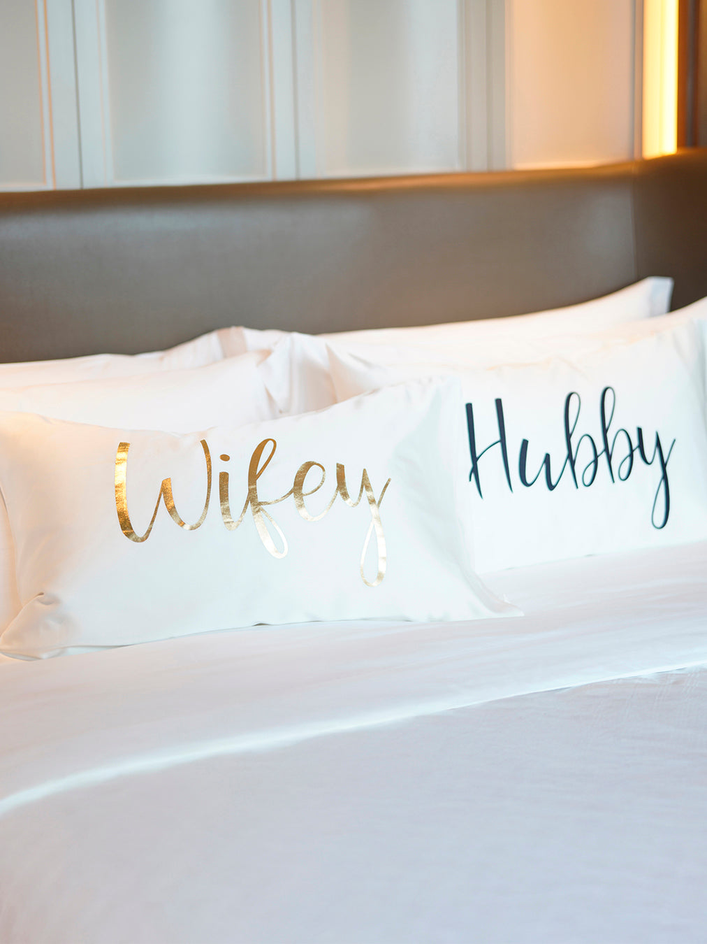 Shiraleah Set of 2 "Hubby/Wifey" Standard Pillow Cases, Ivory - FINAL SALE ONLY