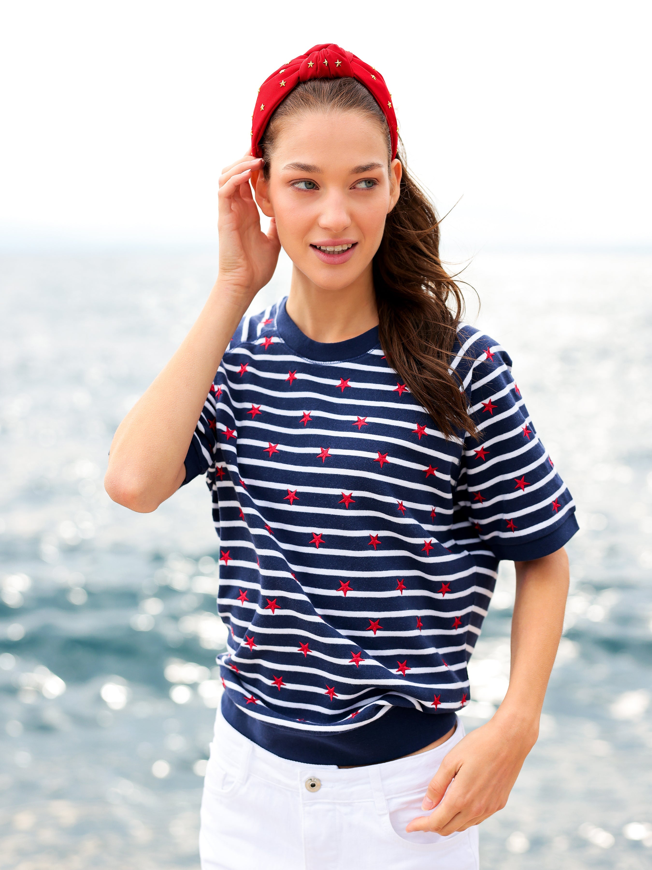 Shiraleah Stripes Lightweight Short Sleeve Sweatshirt, Navy