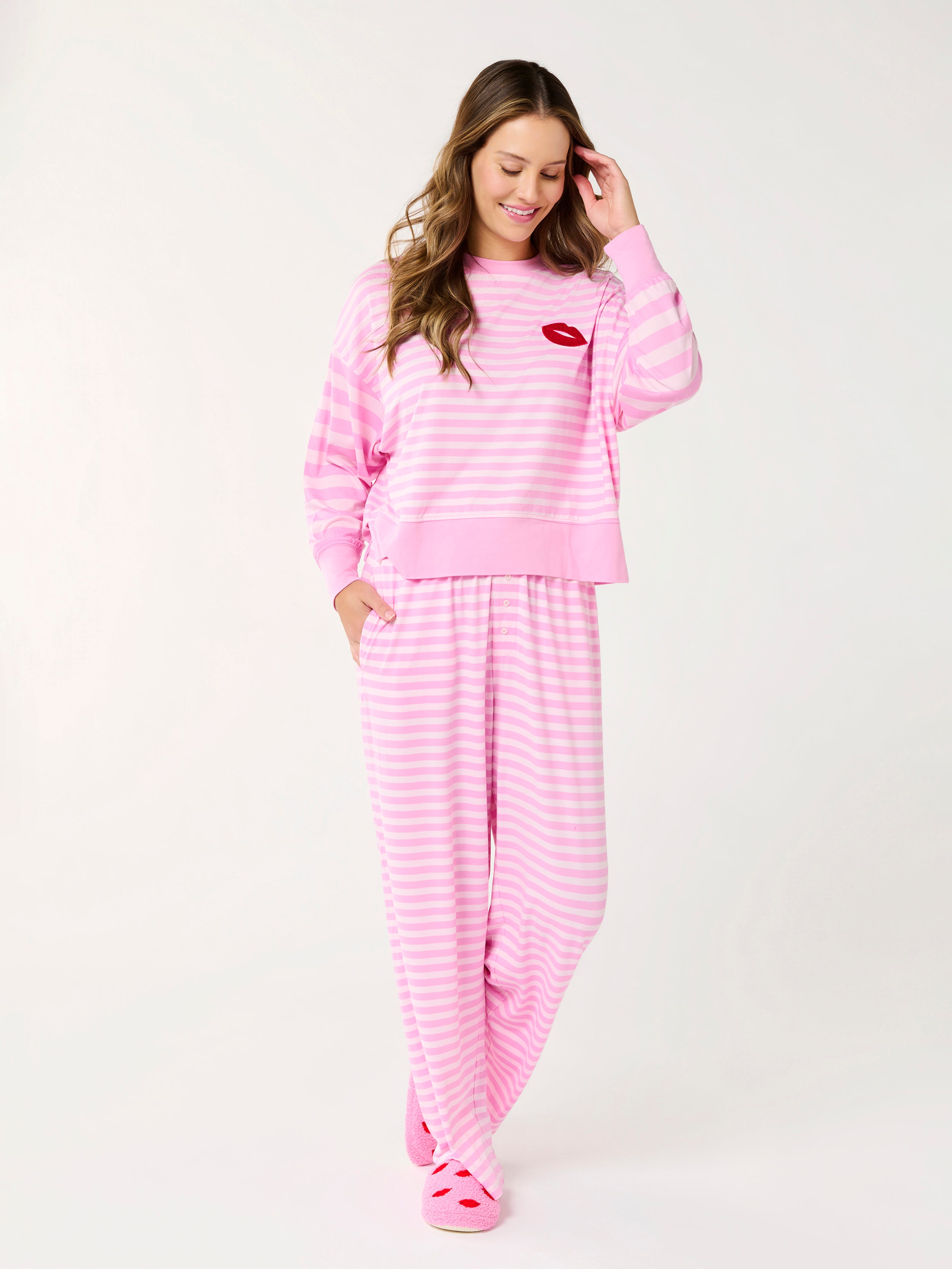 Shiraleah Stripe Ultra-Soft Jersey Knit PJ Set, Pink SMALL