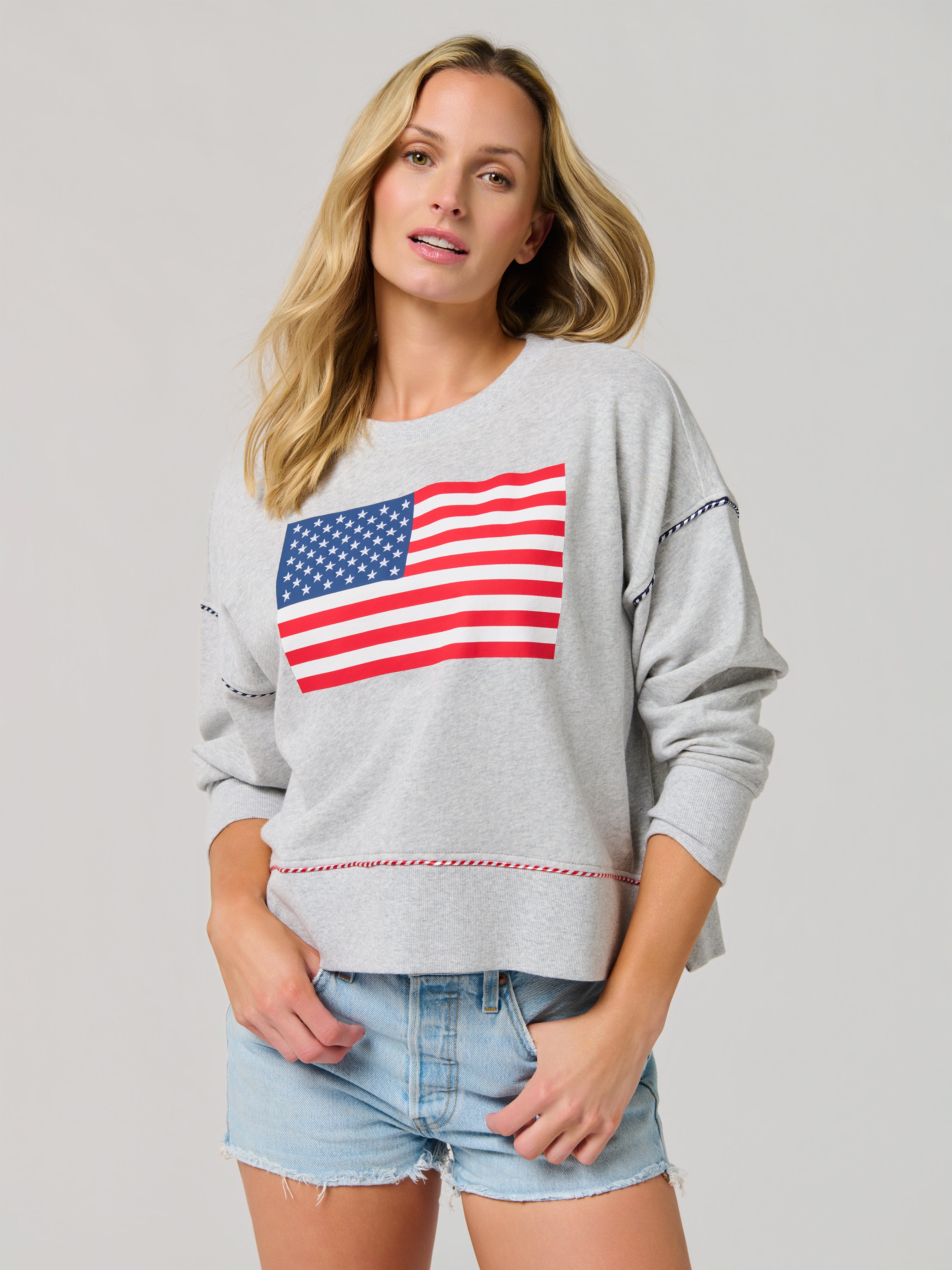 Shiraleah American Flag Relaxed Sweatshirt, Grey SMALL
