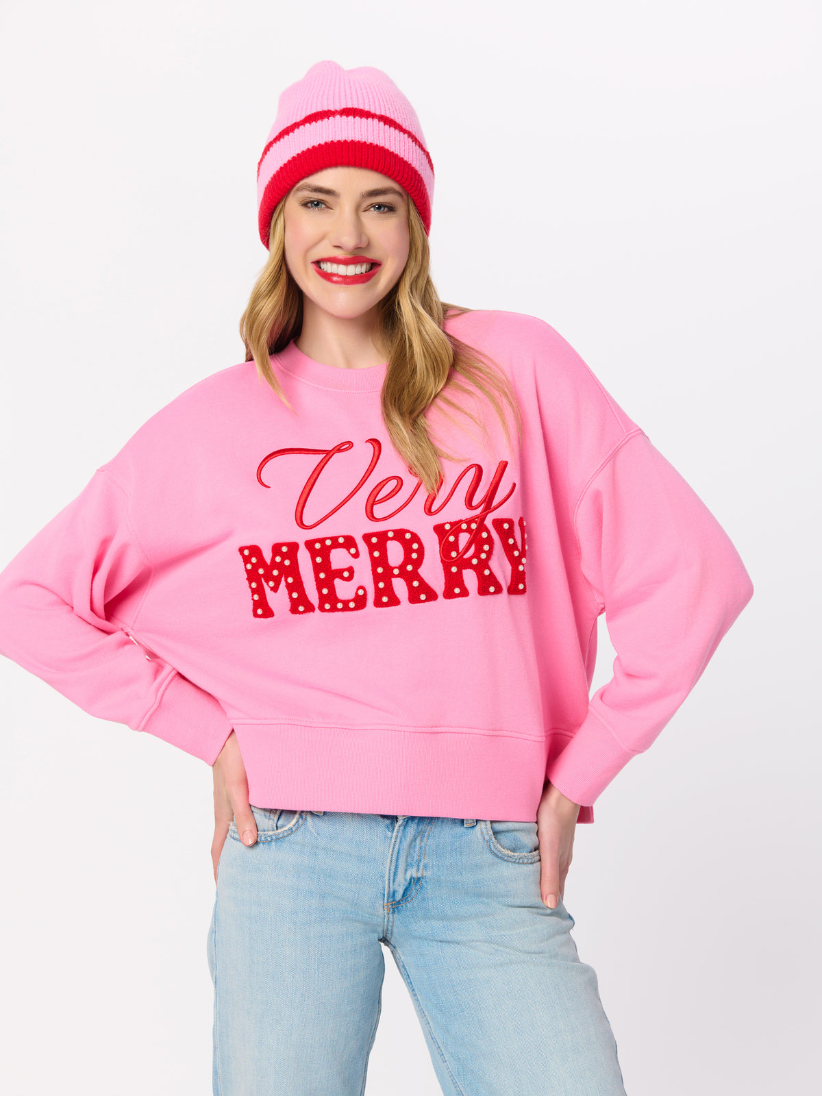 Shiraleah "Very Merry" Pearls Relaxed Sweatshirt PINK / EXTRA SMALL