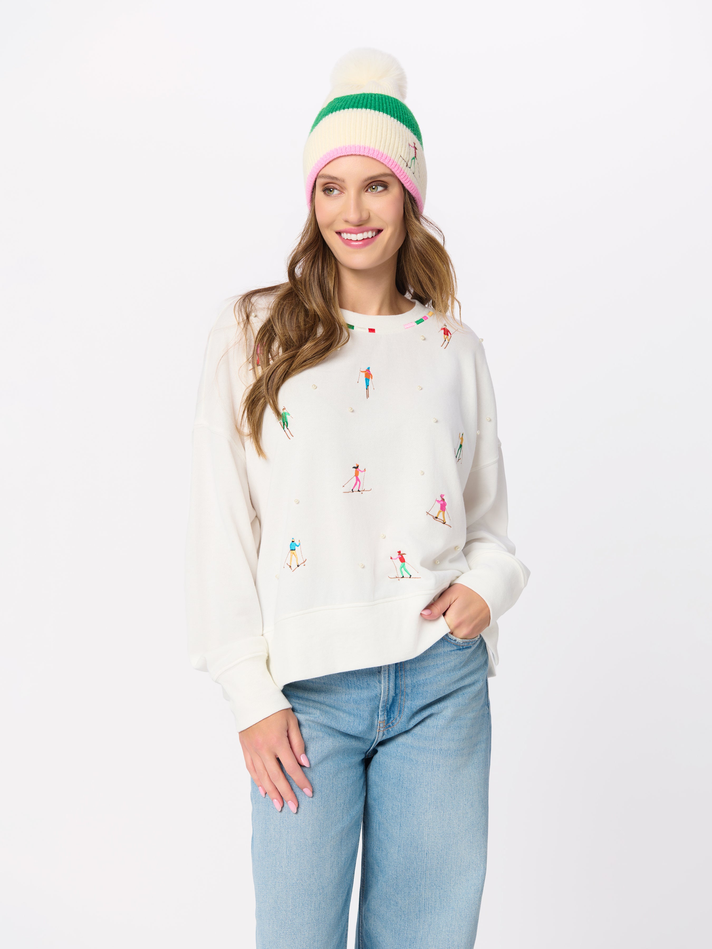 Shiraleah Skiers With Pearls Relaxed Sweatshirt IVORY / EXTRA SMALL