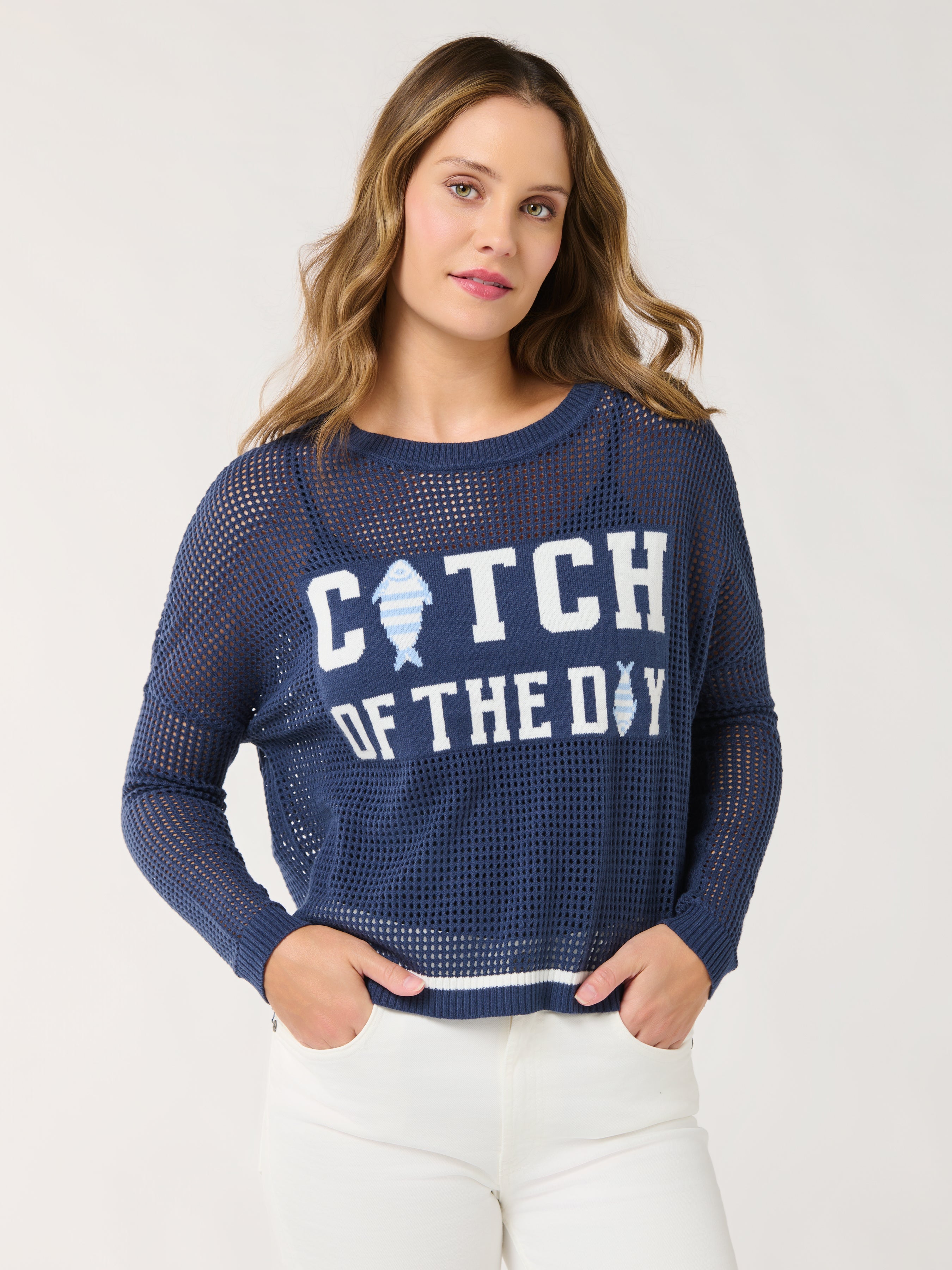 Shiraleah "Catch of the Day" Mesh Sweater, Navy SMALL