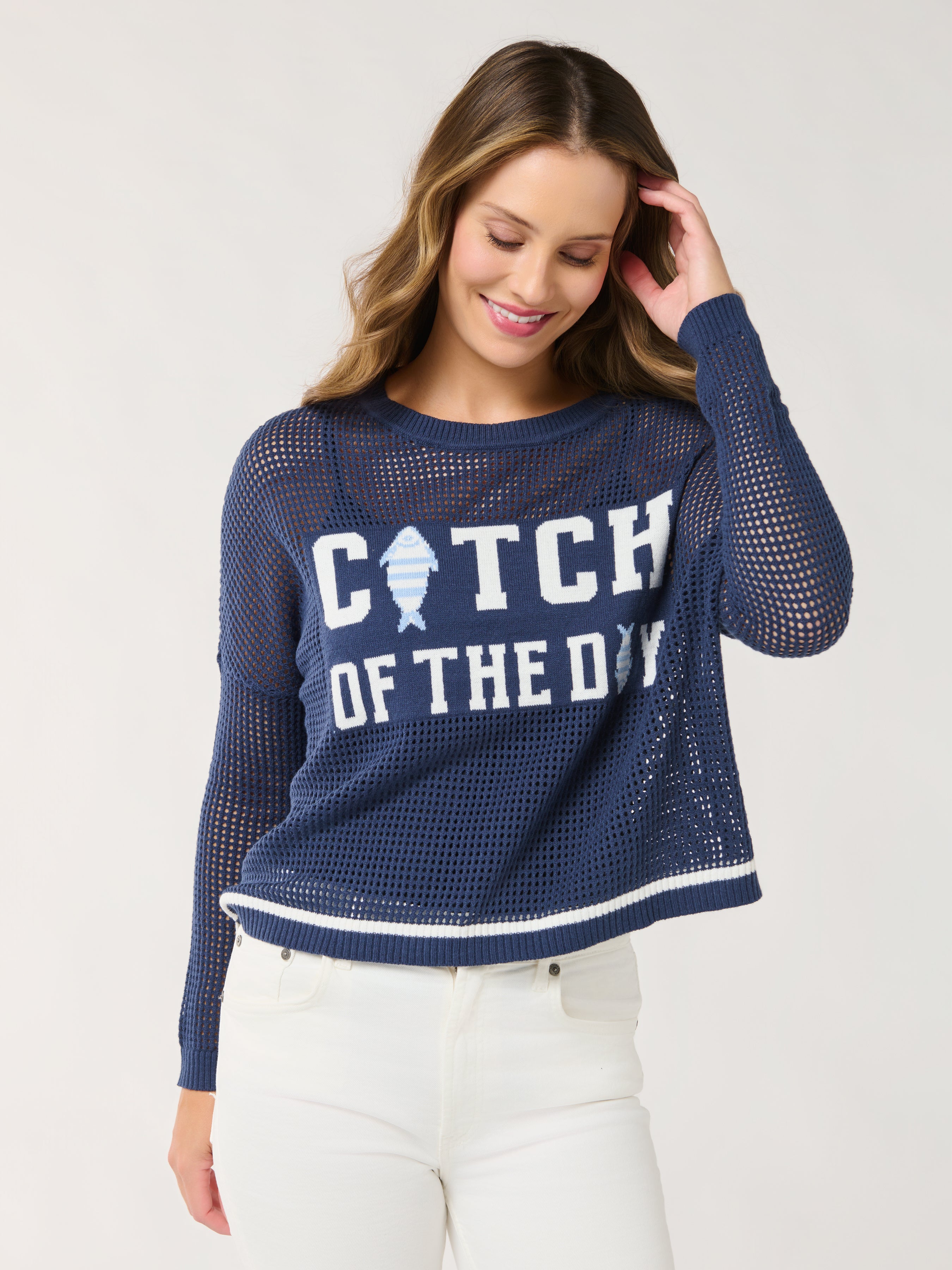 Shiraleah "Catch of the Day" Mesh Sweater, Navy SMALL