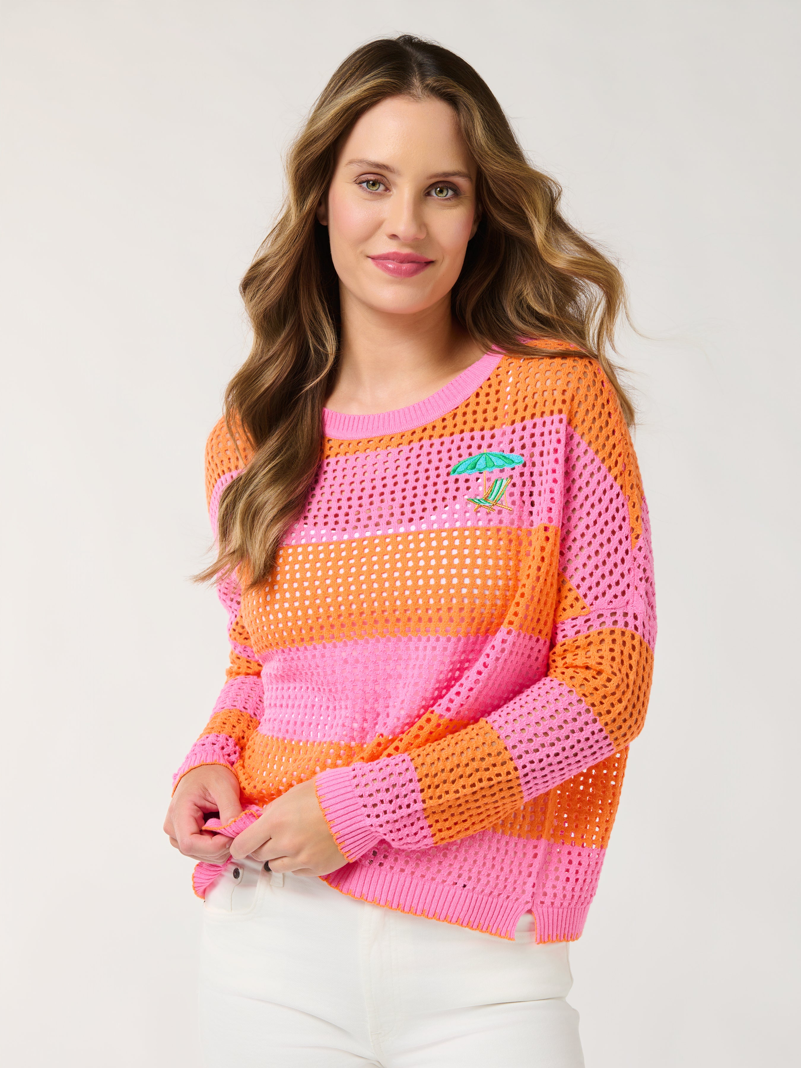 Shiraleah Umbrella Striped Mesh Sweater, Pink SMALL
