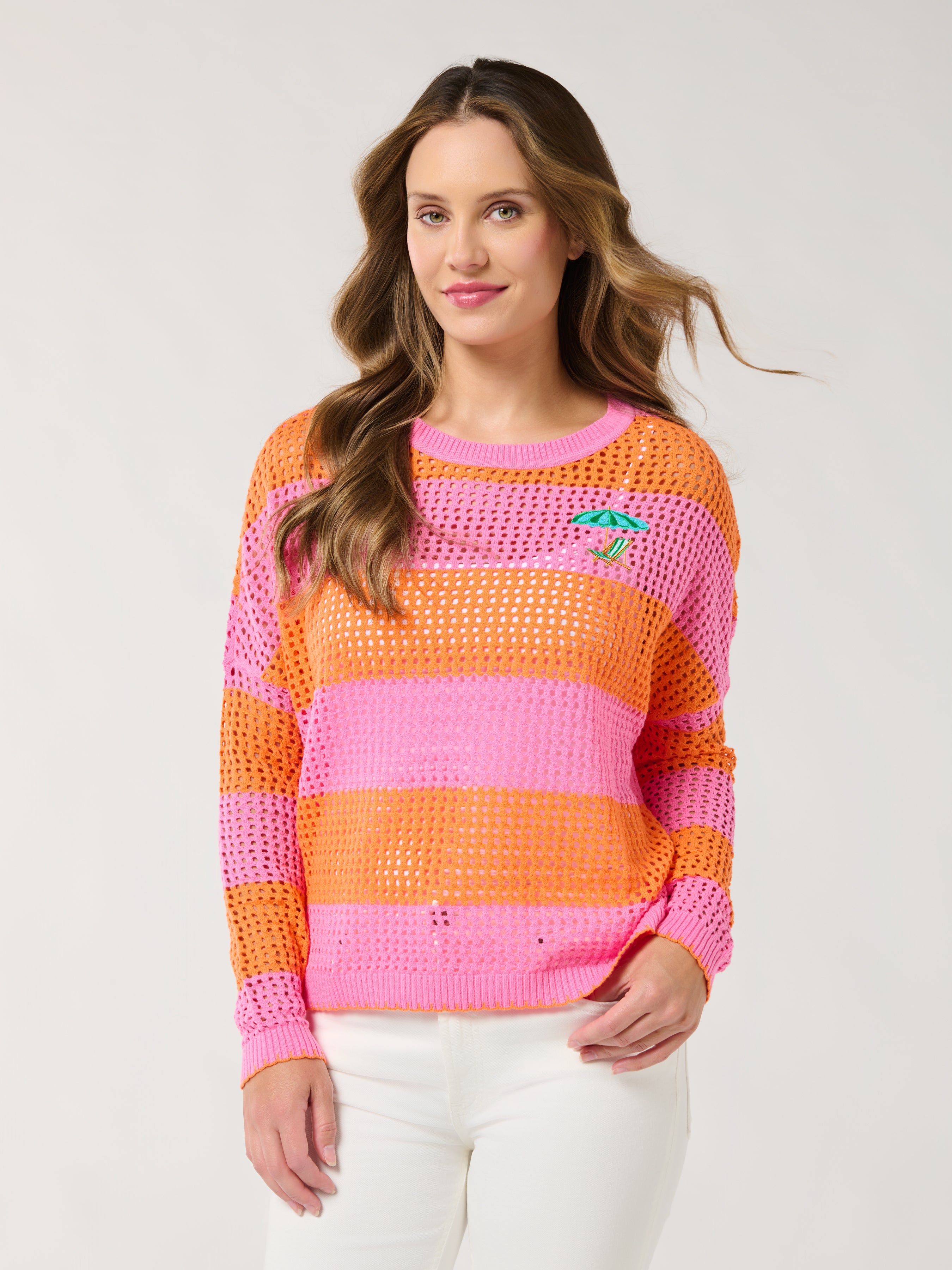 Shiraleah Umbrella Striped Mesh Sweater, Pink SMALL