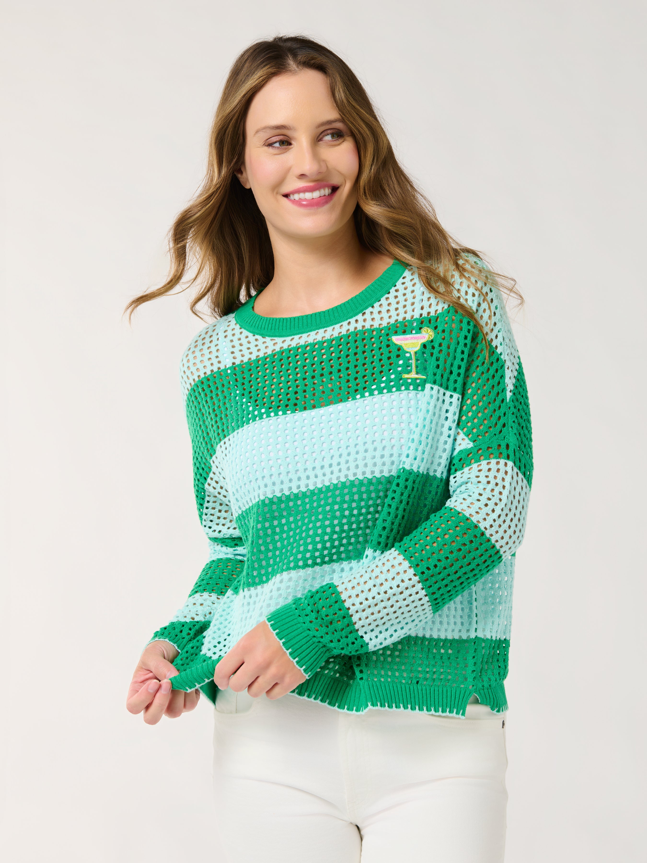 Shiraleah Margarita Striped Mesh Sweater, Green SMALL