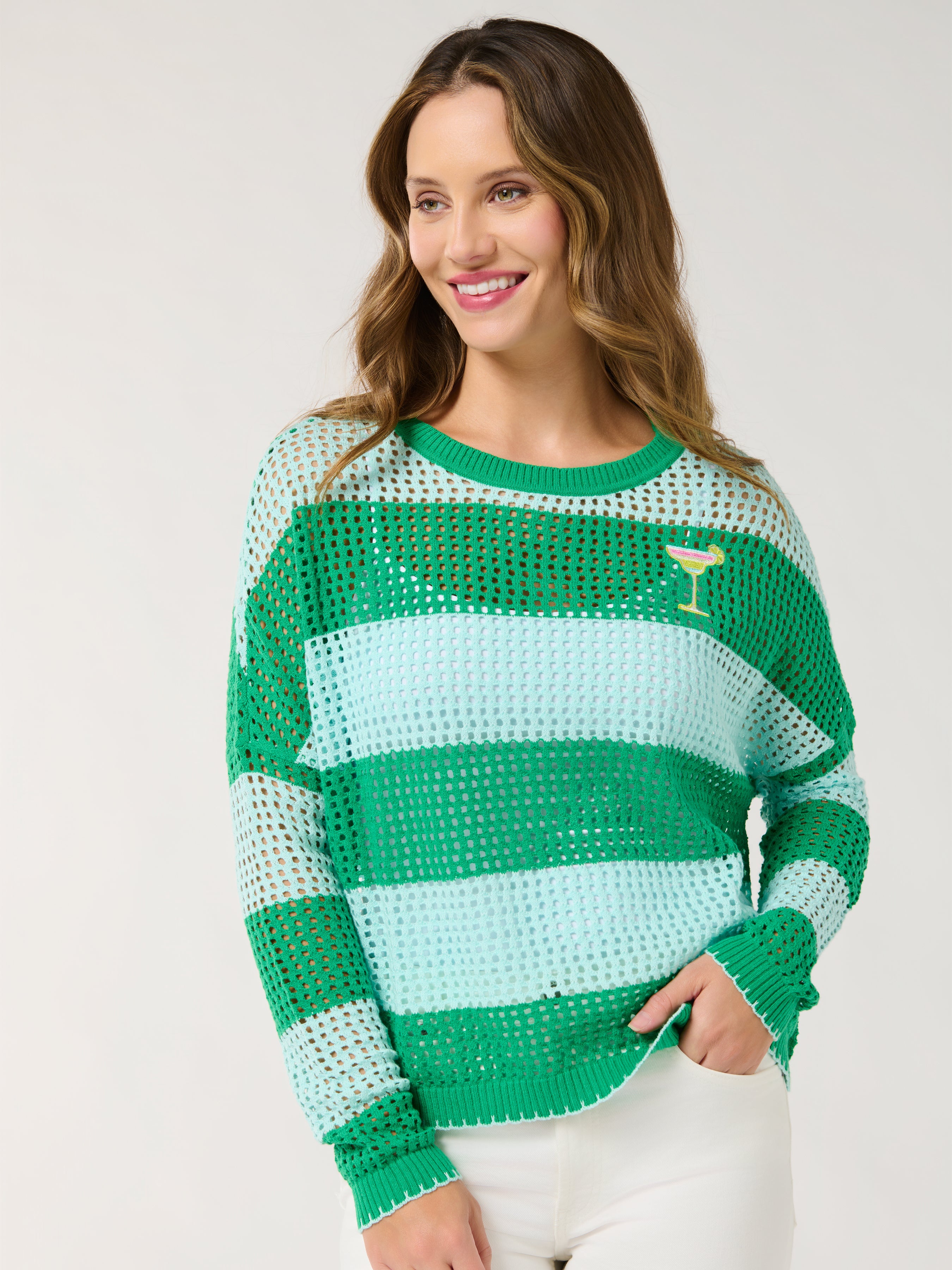 Shiraleah Margarita Striped Mesh Sweater, Green SMALL