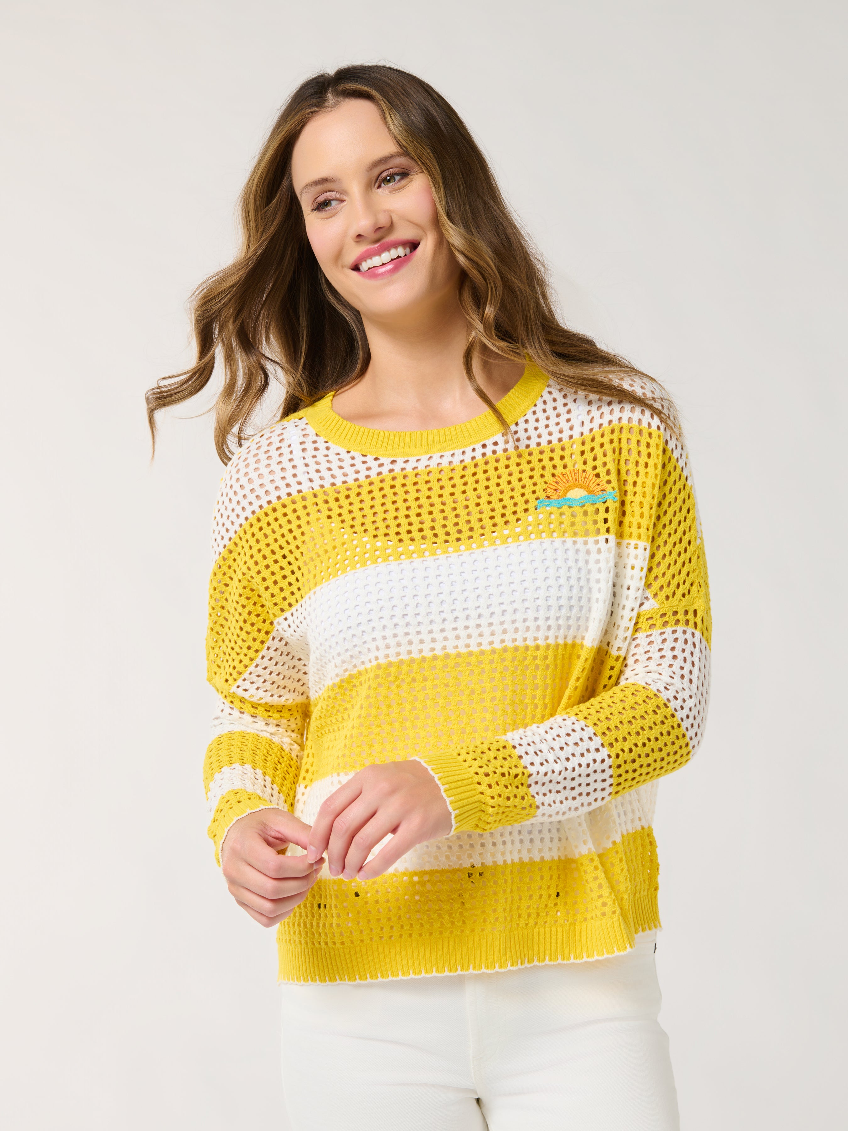 Shiraleah Sunrise Striped Mesh Sweater, Yellow SMALL