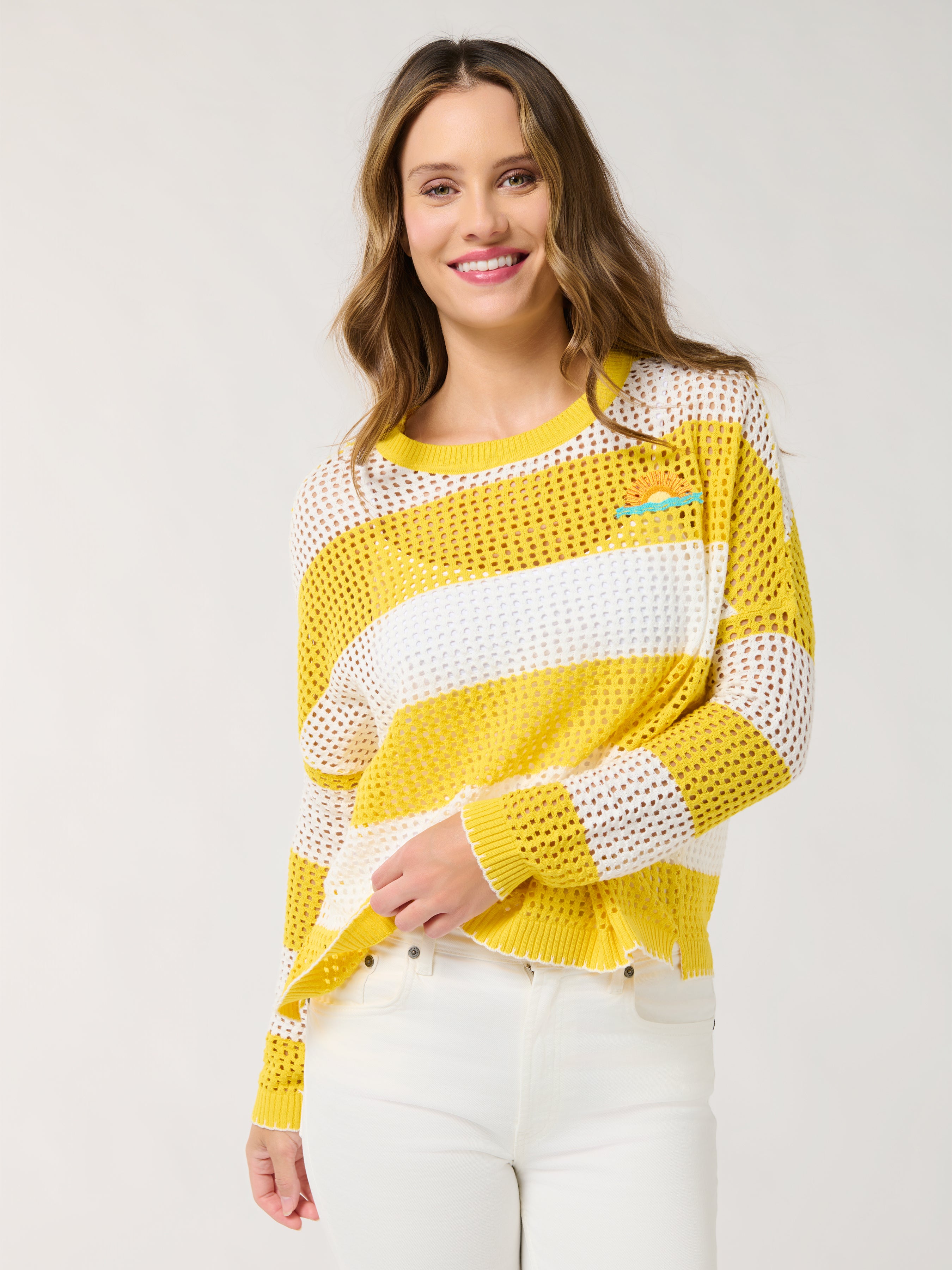 Shiraleah Sunrise Striped Mesh Sweater, Yellow SMALL