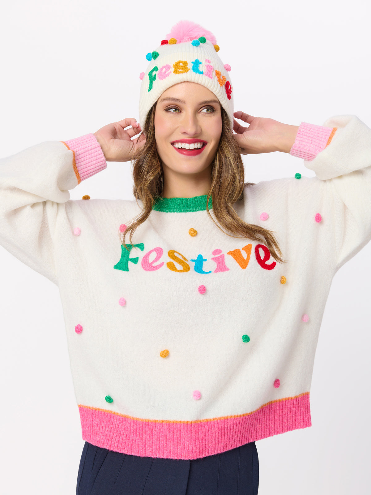 Shiraleah "Festive" Pom Pom Relaxed Sweater IVORY / EXTRA SMALL