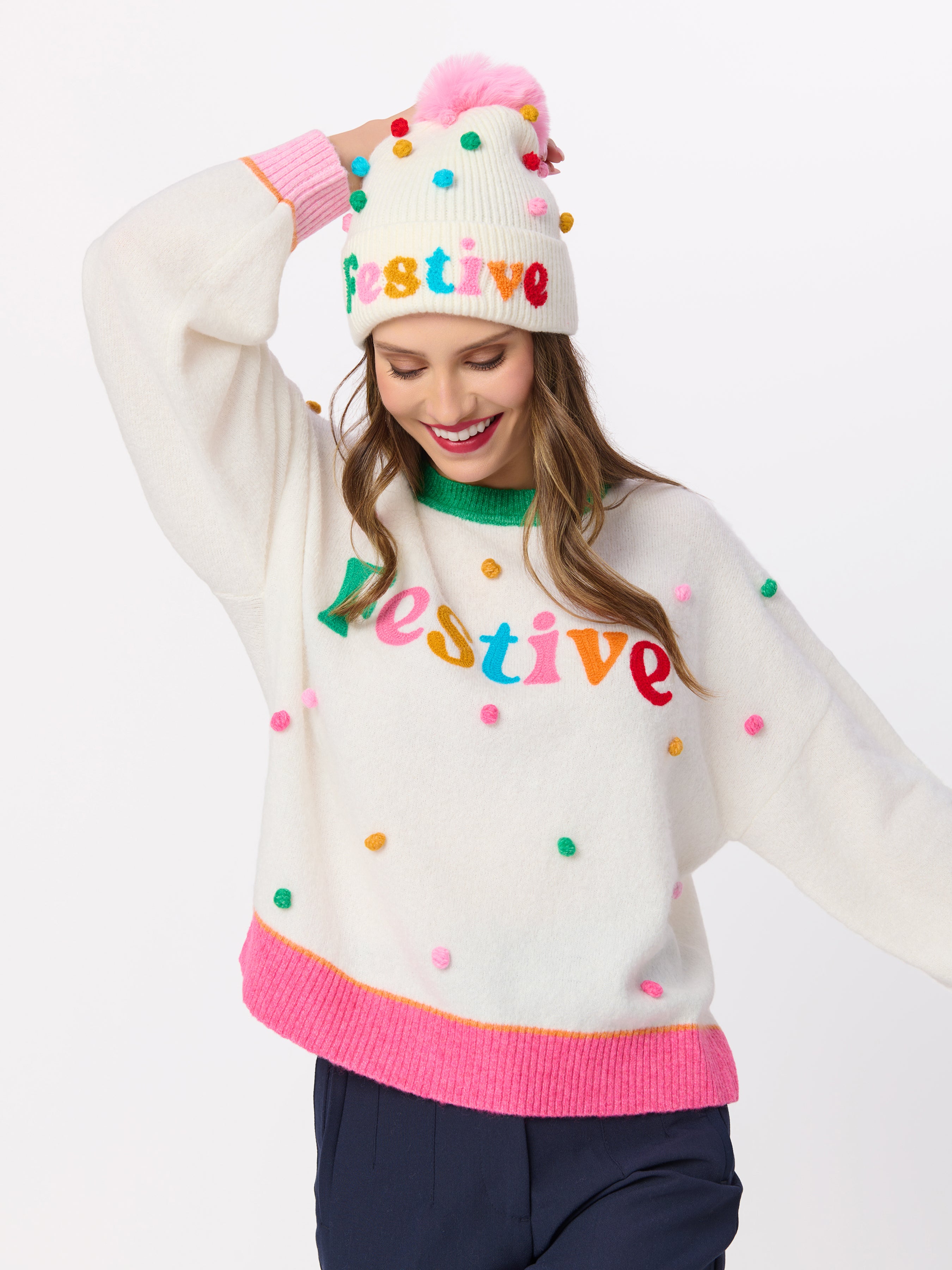 Shiraleah "Festive" Pom Pom Relaxed Sweater IVORY / EXTRA SMALL