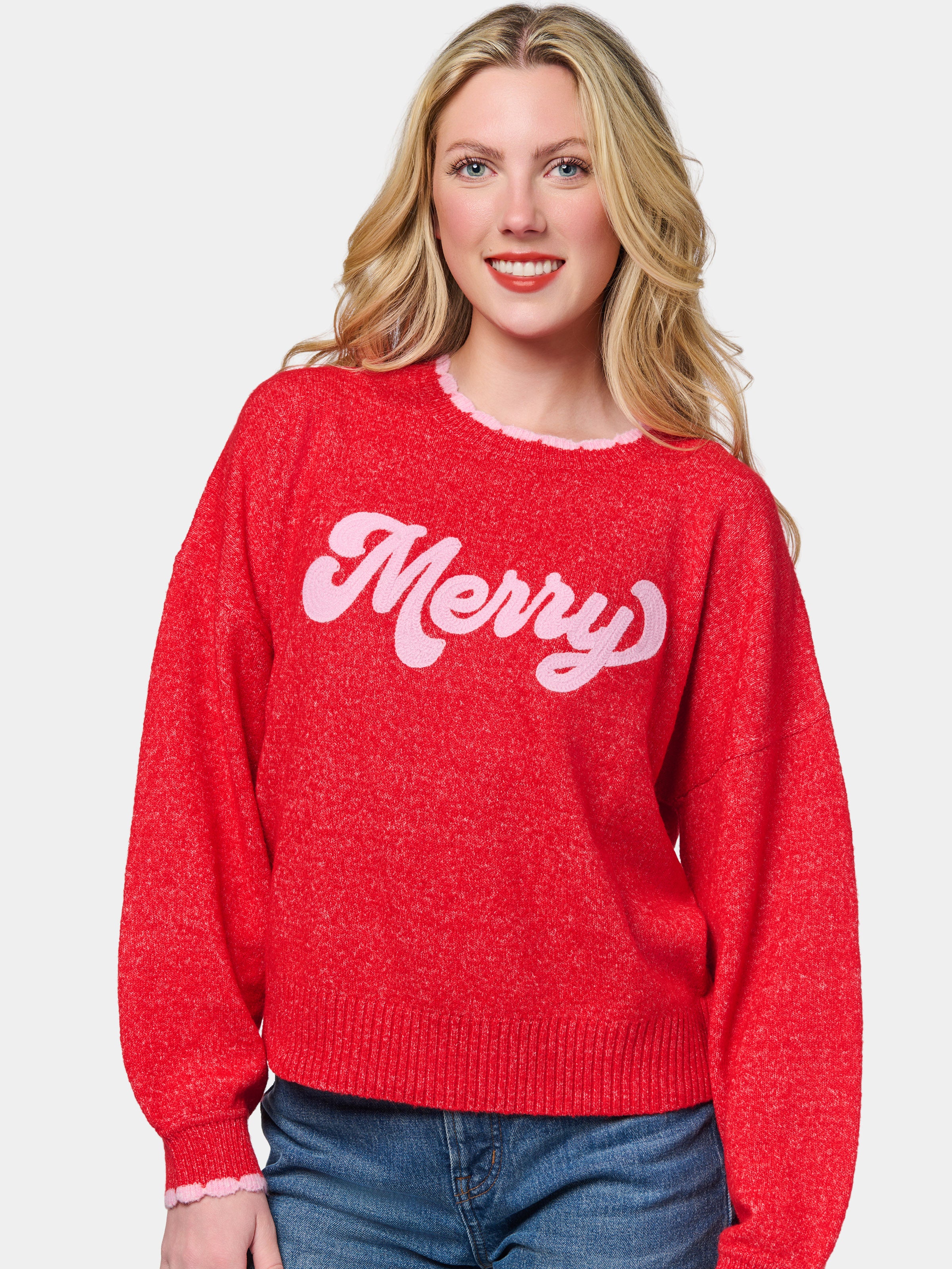 Shiraleah "Merry" Scallop Trim Relaxed Sweater, Red