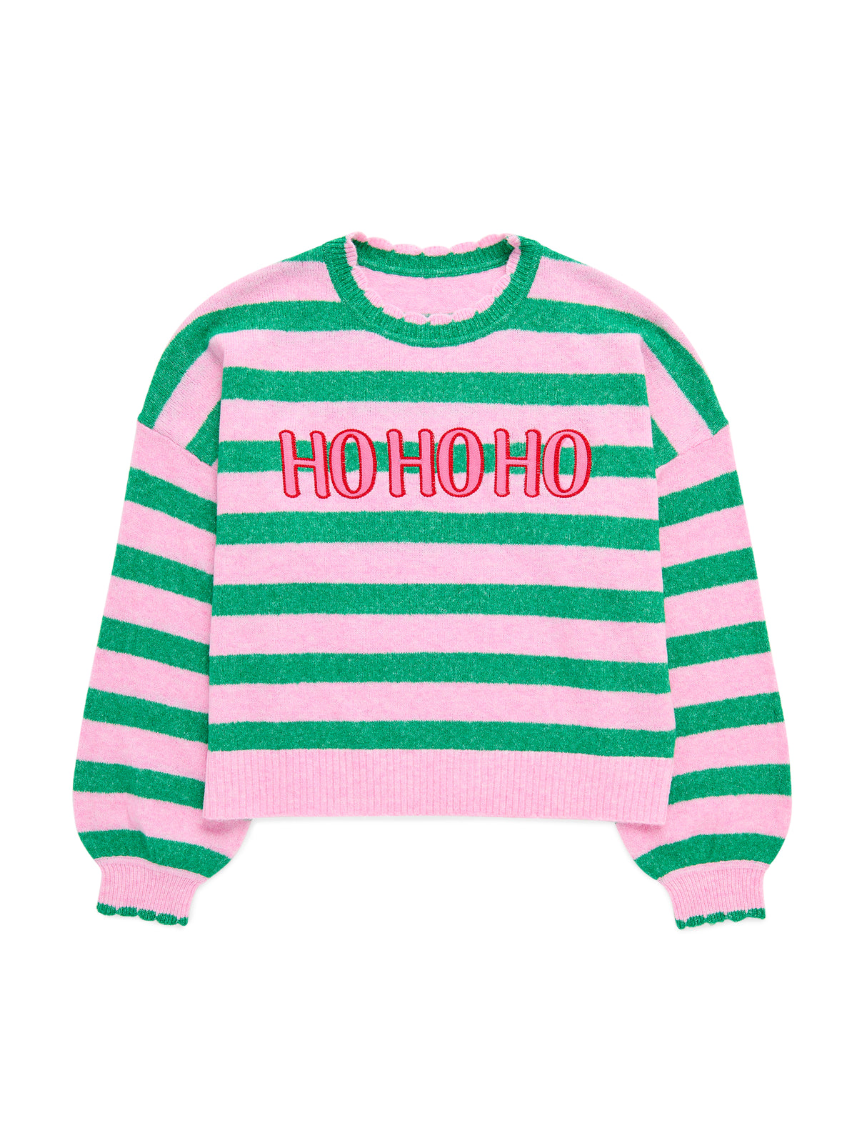 Shiraleah "Ho Ho Ho" Scallop Trim Relaxed Sweater GREEN / EXTRA SMALL