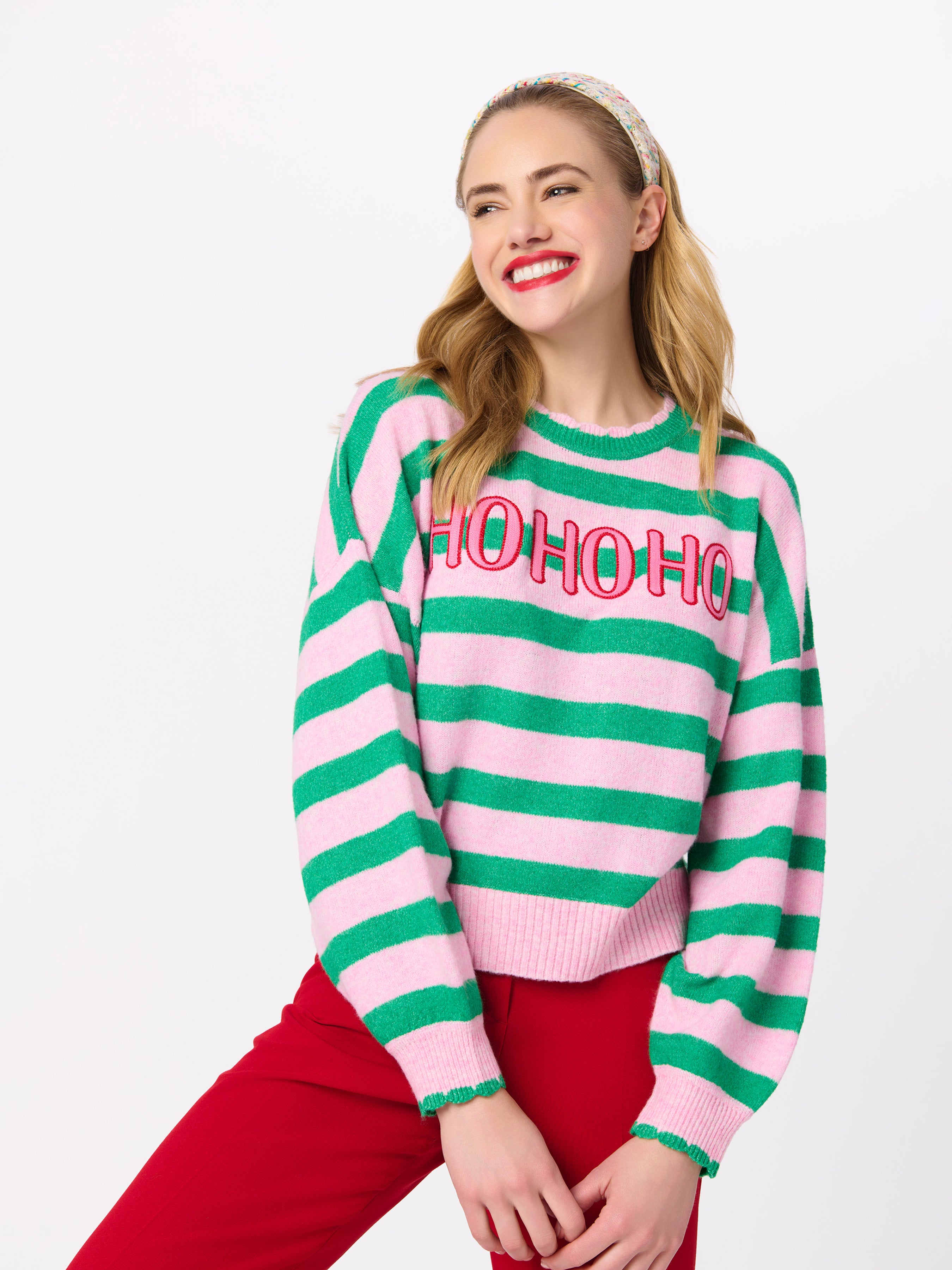 Shiraleah "Ho Ho Ho" Scallop Trim Relaxed Sweater GREEN / EXTRA SMALL