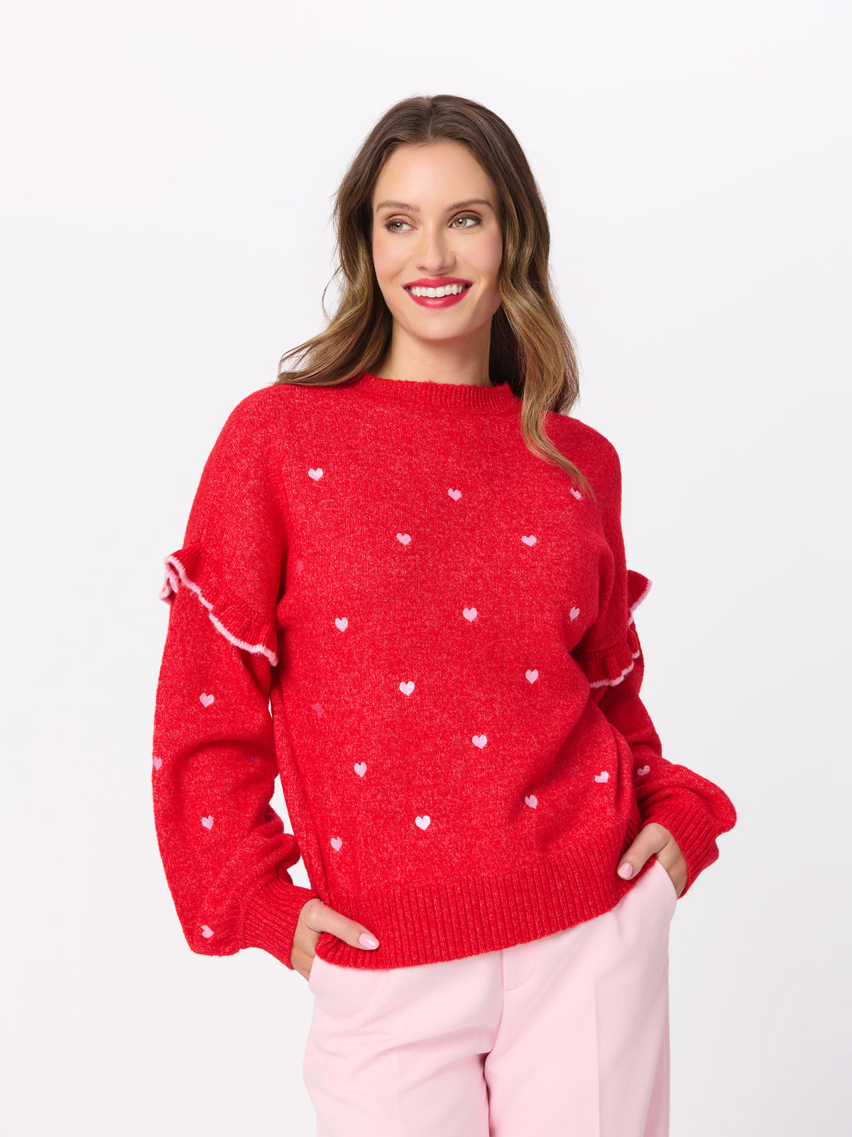 Shiraleah Hearts Ruffle Sleeve Relaxed Sweater RED / EXTRA SMALL