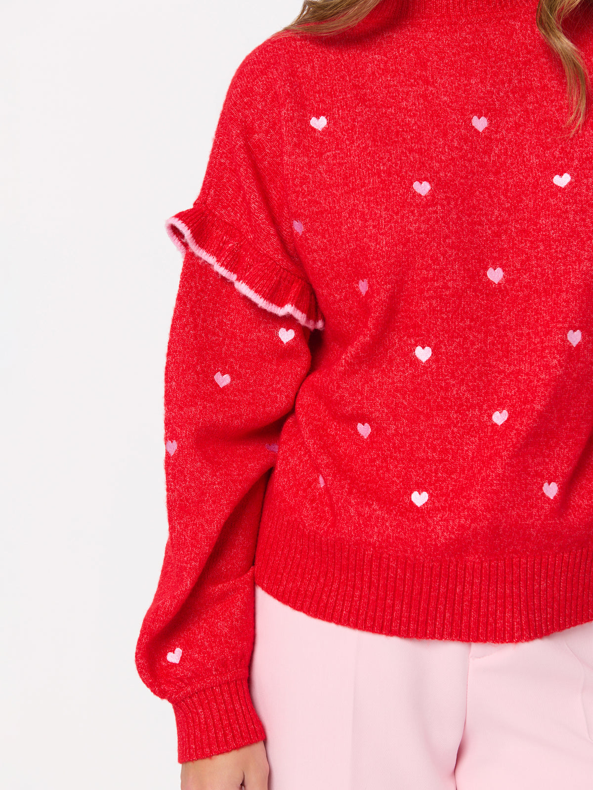 Shiraleah Hearts Ruffle Sleeve Relaxed Sweater RED / EXTRA SMALL