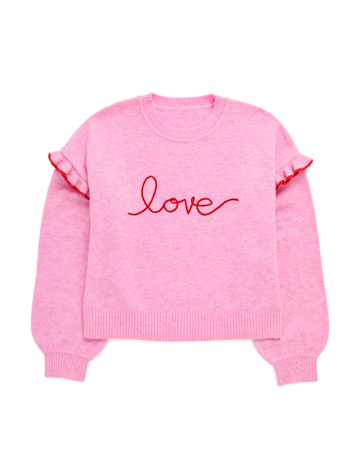 Shiraleah "Love" Ruffle Sleeve Relaxed Sweater BLUSH / EXTRA SMALL