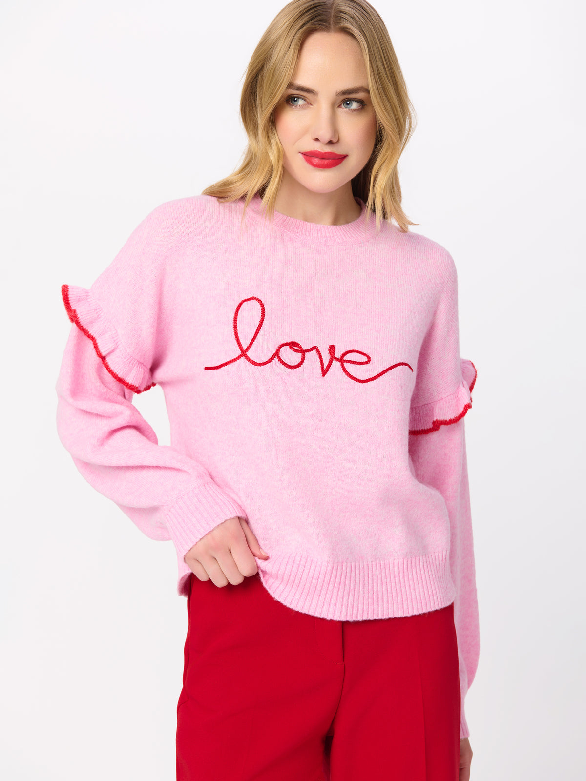 Shiraleah "Love" Ruffle Sleeve Relaxed Sweater BLUSH / EXTRA SMALL