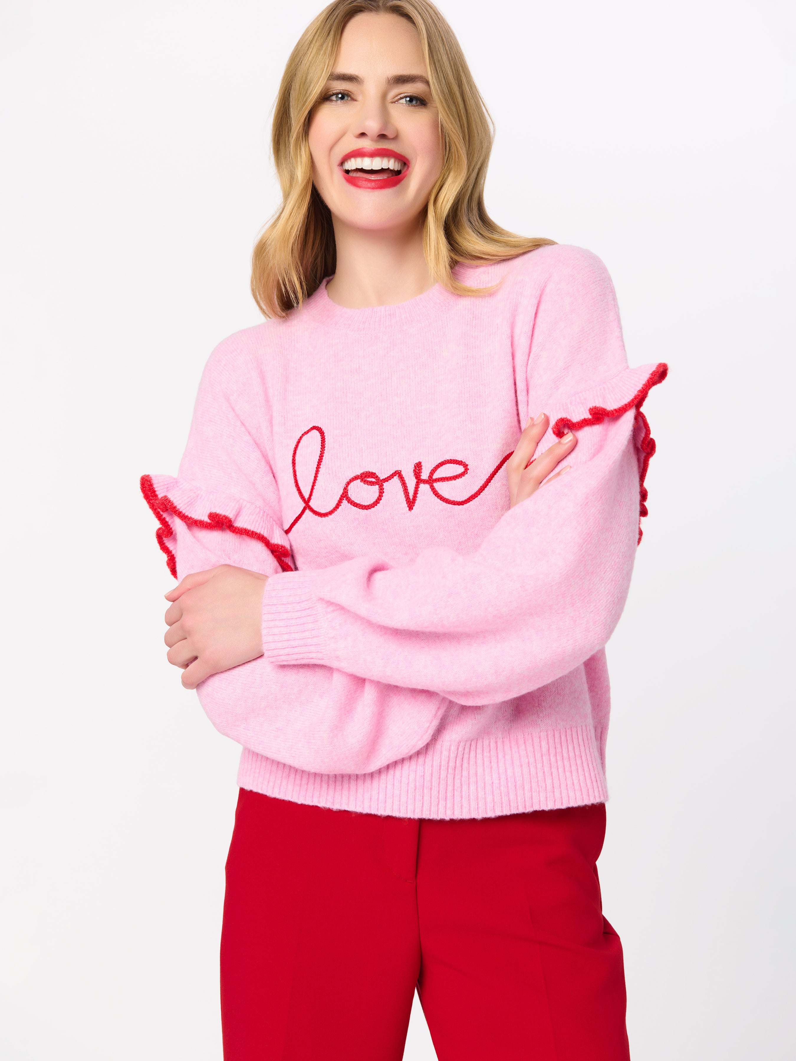 Shiraleah "Love" Ruffle Sleeve Relaxed Sweater BLUSH / EXTRA SMALL