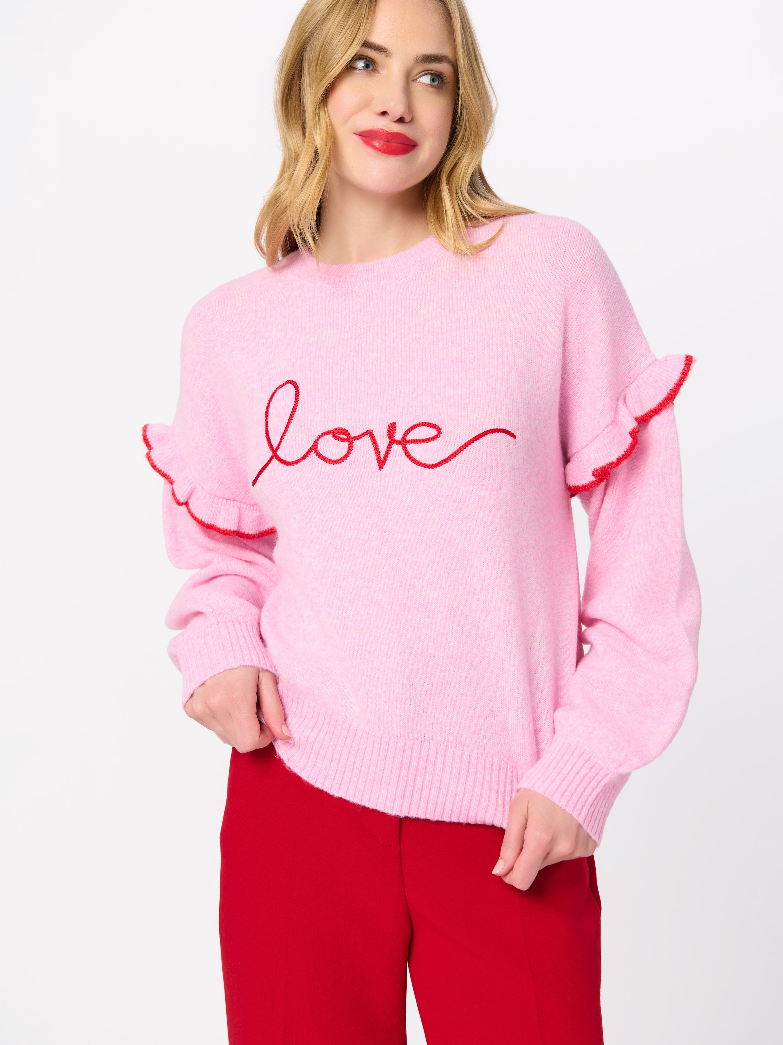 Shiraleah "Love" Ruffle Sleeve Relaxed Sweater BLUSH / EXTRA SMALL